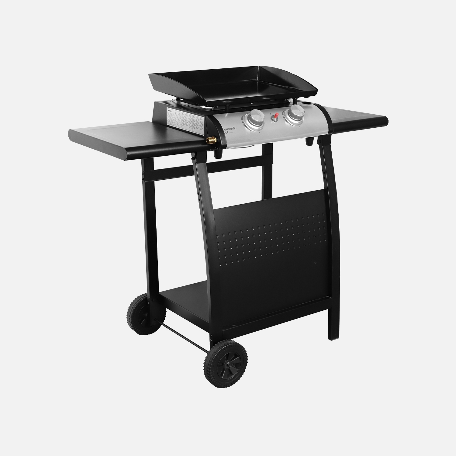 sweeek - Plancha de gas de 2 quemadores 5kW con carrito y estante , Porthos , 107x55x106