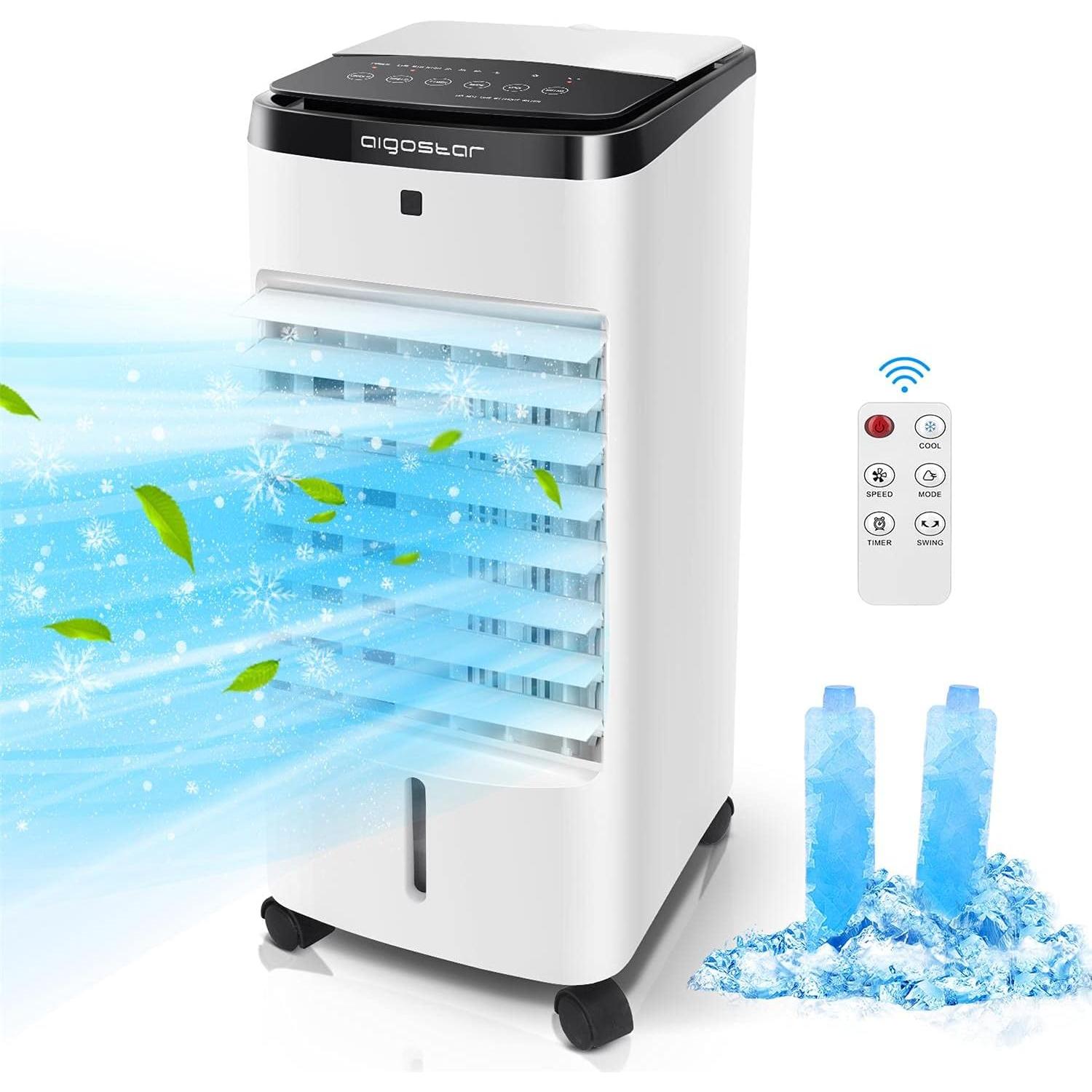 Enfriador de Aire 4 en 1, Climatizador Evaporativo con Ventilador Humidificador Purificador con Ruedas y Control Remoto, 12 H Temporizadores, 3.5L