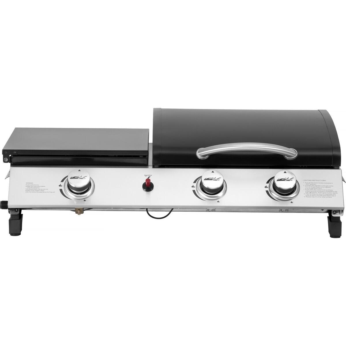 Habitat y Jardin - Plancha de gas con tapa "Rasio" - 7,5 KW - 3 fuegos - Negra
