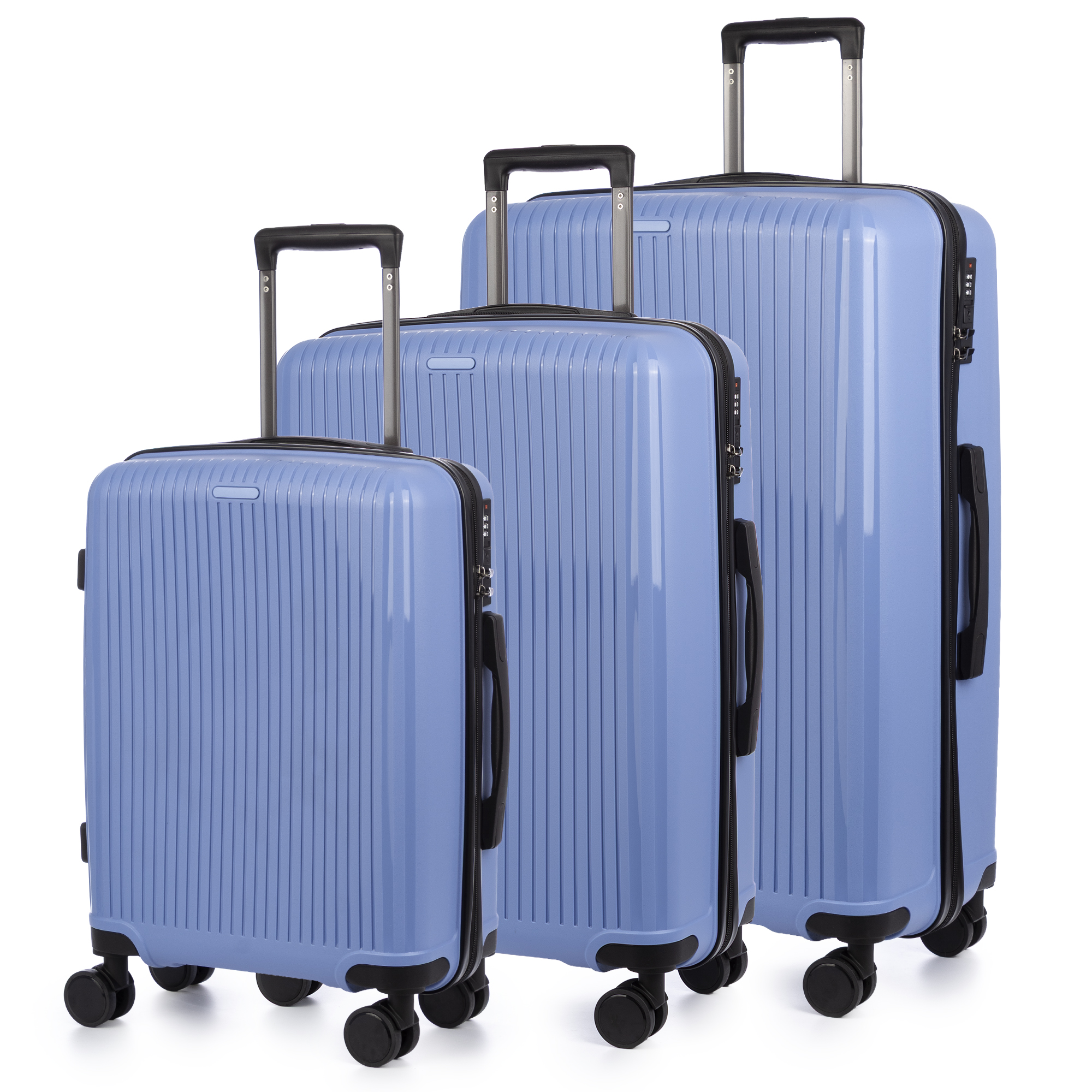 Juego de 3 maletas Trolley, en material ligero PP resistente a la rotura. Cerradura TSA numérica, 4 ruedas dobles giratorias 360°.