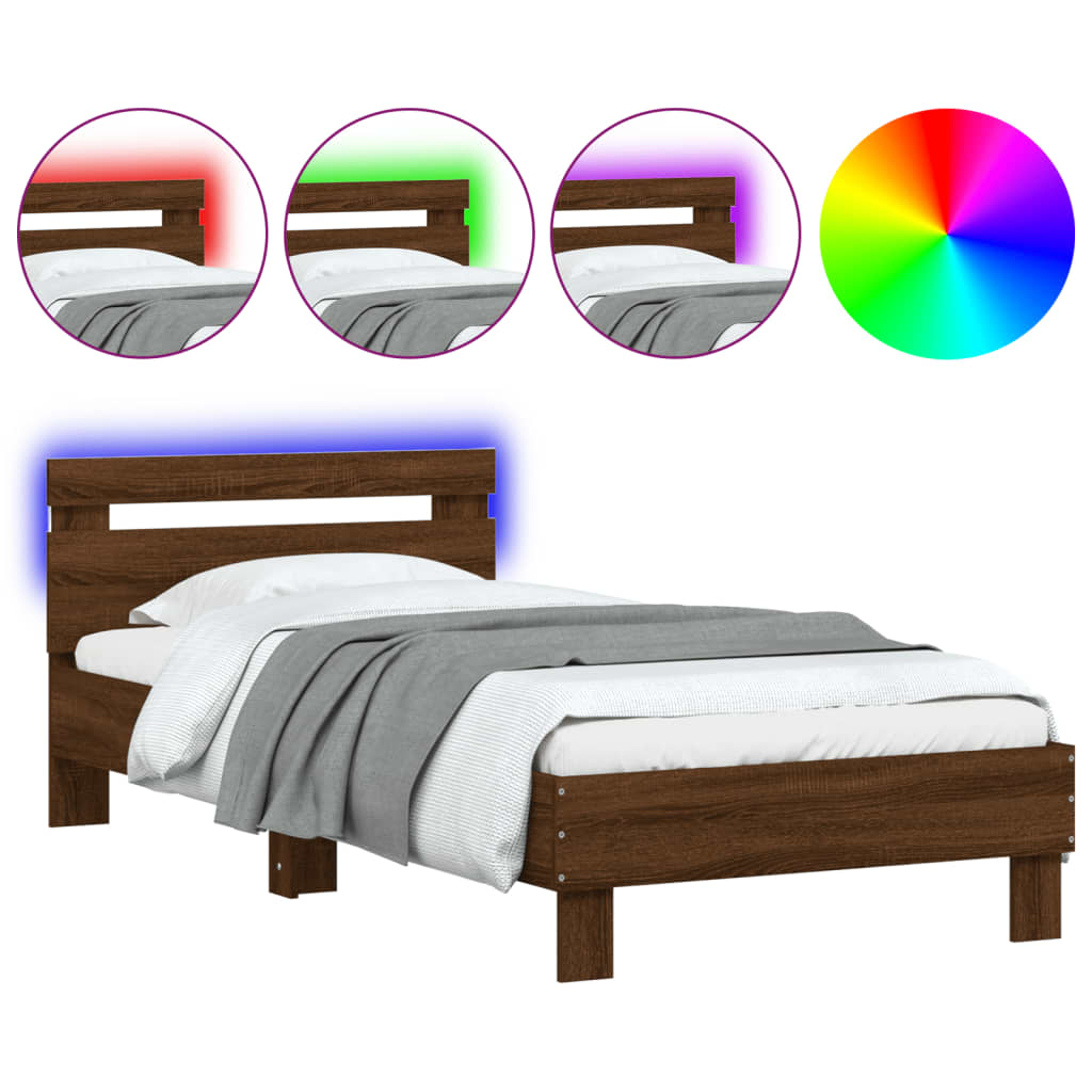 vidaXL Estructura de cama cabecero luces LED marrón roble 90x190 cm