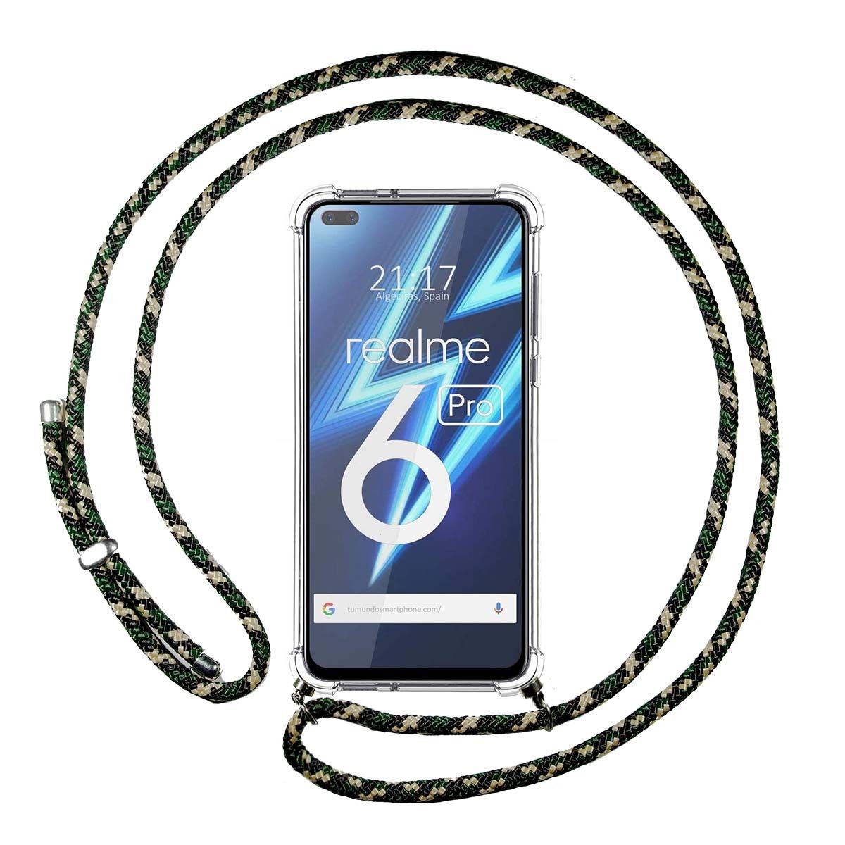 Tumundosmartphone Funda Colgante Transparente para Realme 6 Pro con Cordon Verde / Dorado
