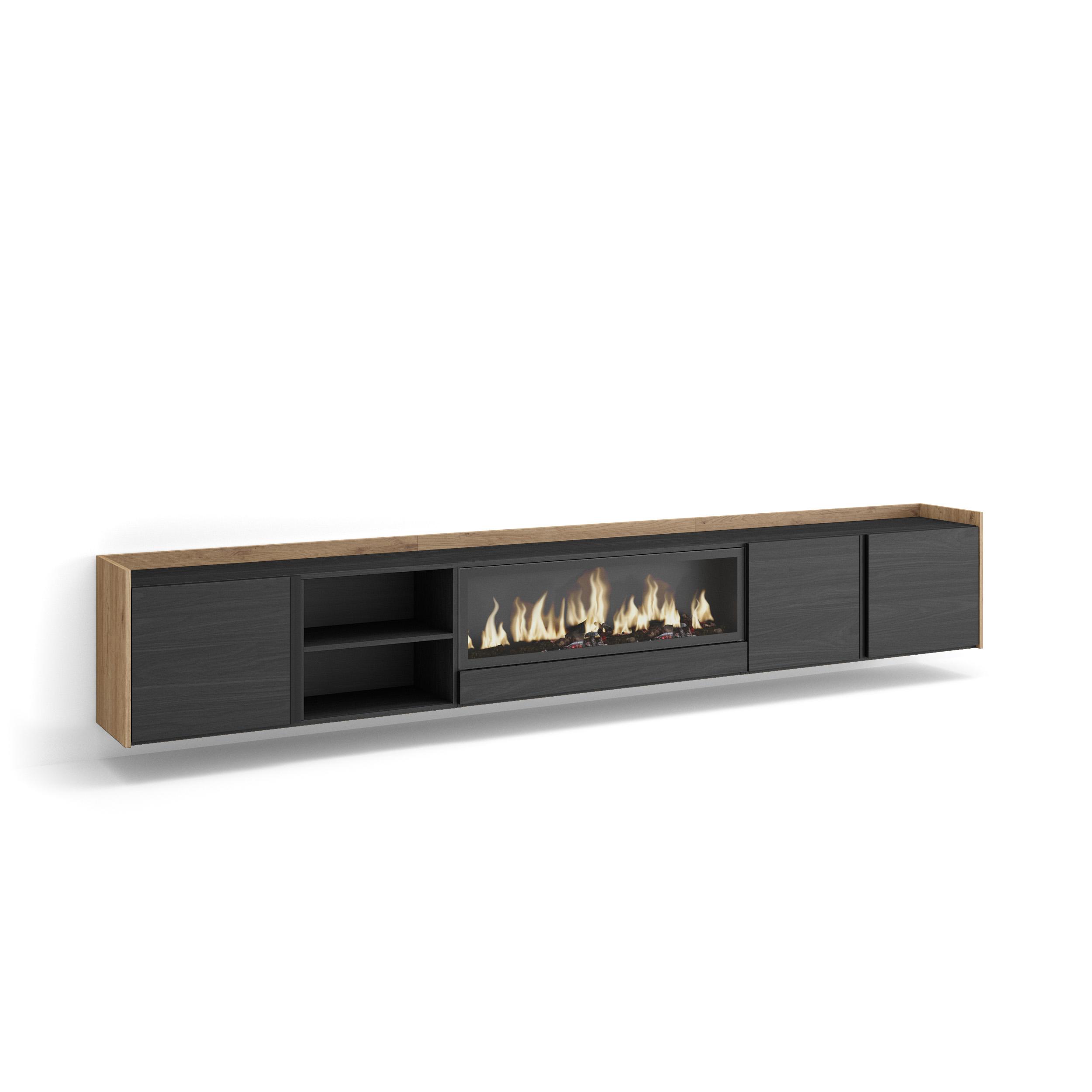 Mueble TV, Televisión, 315x35x50cm, Para TV hasta 80", Chimenea eléctrica XXL, Colgado, Suspendido