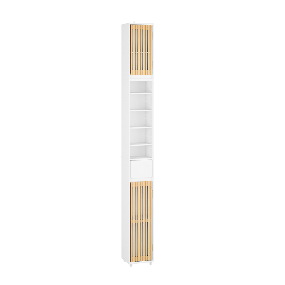 SoBuy Armario Alto Baño 6 Estantes Ajustables, Puertas Bambú, MDF Blanco, 111x26x14cm