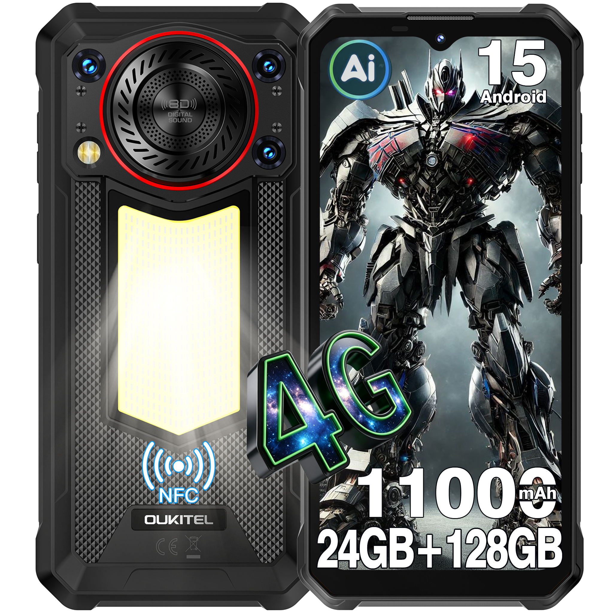 Teléfono - OUKITEL WP53 Movil Irrompible 6.52'', 24Go+128Go Batéria 11000mAh/18W Carga rápida, Android 15 Smartphone Robust, 128dB, Luz de camping, Dual SIM 4G NFC - Negro