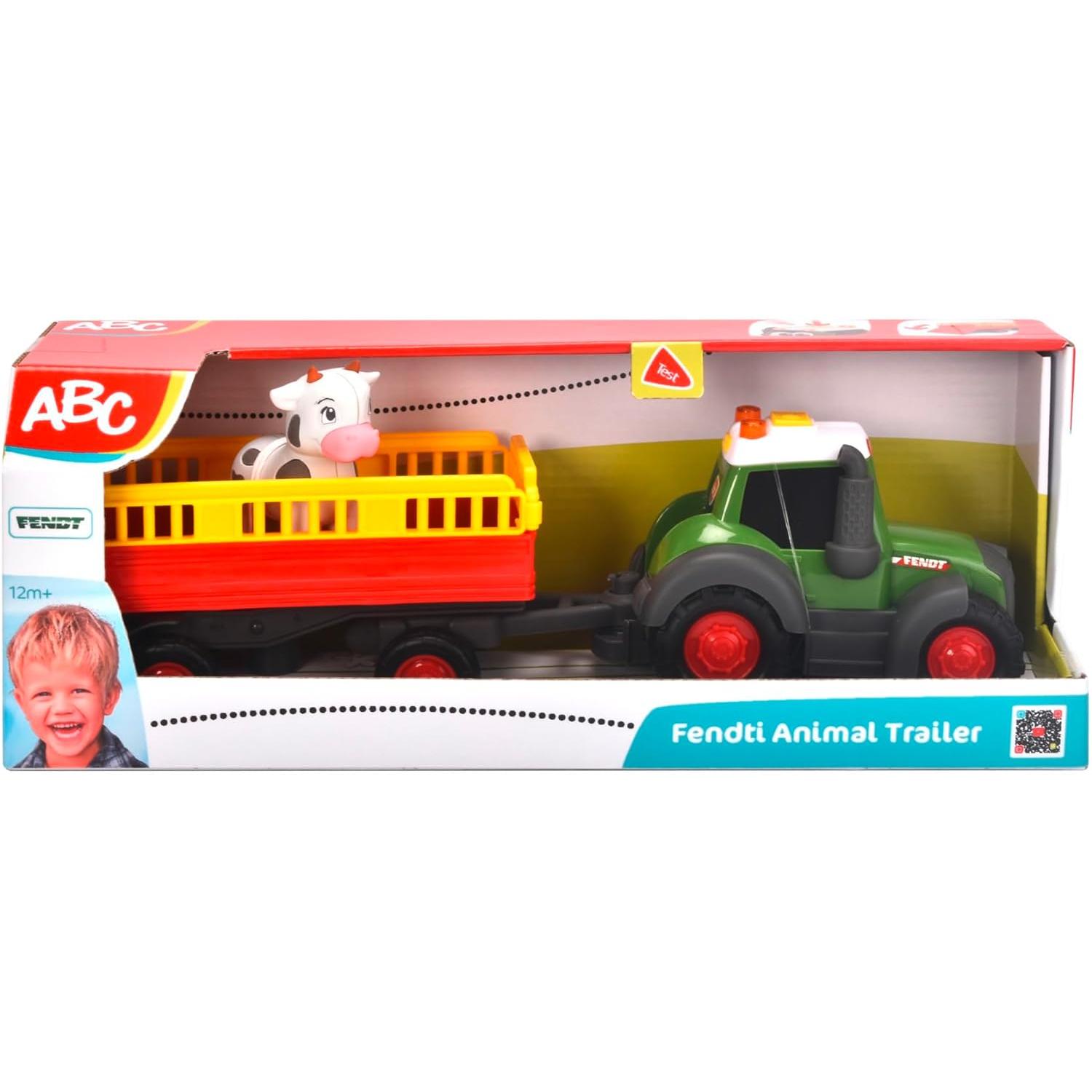 Dickie- Tractor de Granja ABC de Juguete Trailer Fendt (30 cm)- con Transporte para Animales y Vaquita, Vehículo de Juguete con Efectos de Luz y Sonido, para Niños a Partir de 1 año (Simba 204115011)
