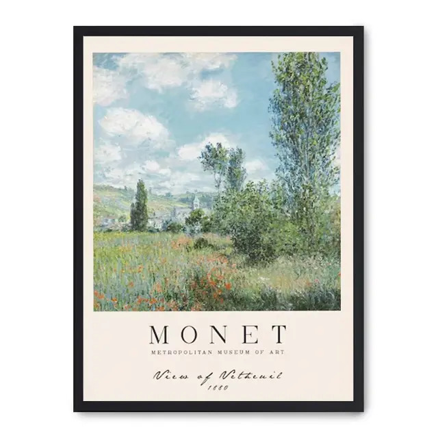 Cuadro view of vethenil i 30x40cm, Póster impreso en papel de primera calidad de 180gr, montado sobre marco de madera MDF acabado en negro., Arte - Pintores famosos - Monet