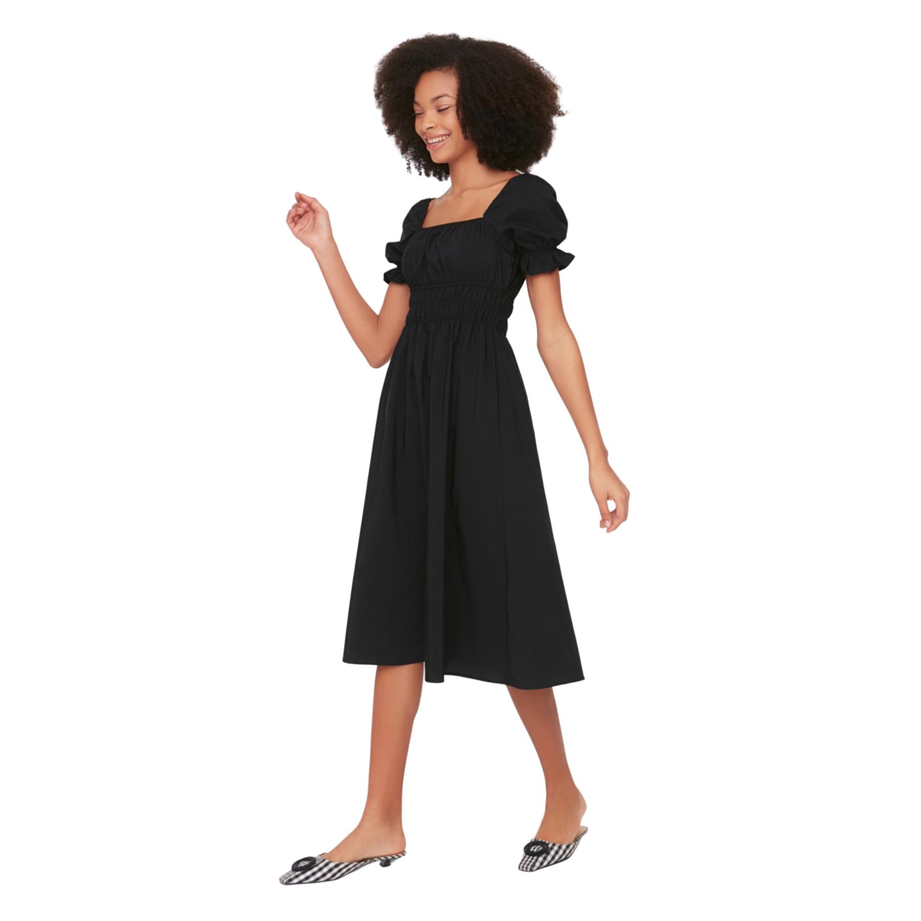 Trendyol Black Skater/Waist Opening Balloon Sleeve Lined Midi Woven Dress Twoss22El1768