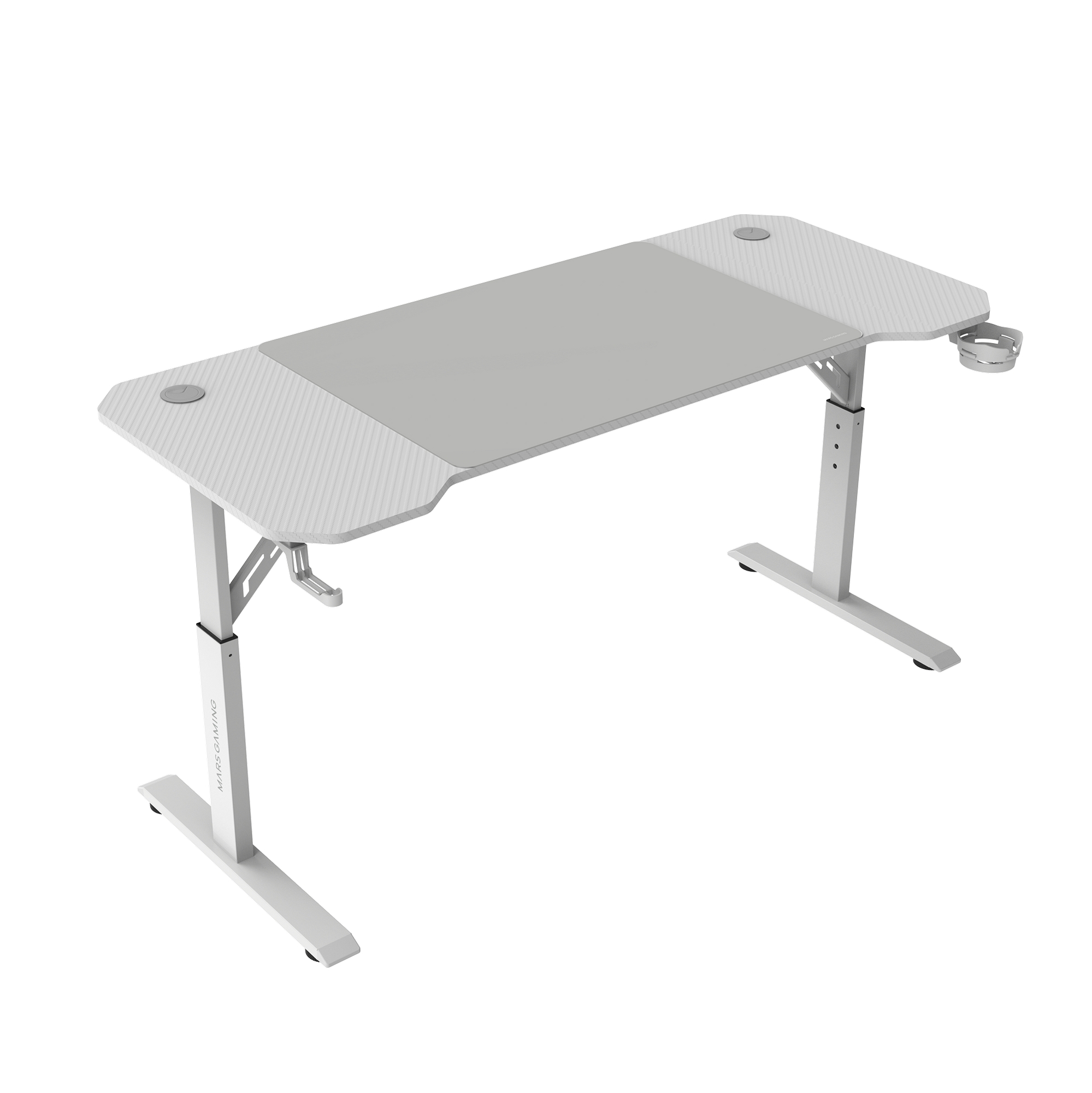 Mars Gaming MGD-ERGO140, Mesa Altura Ajustable 3 Posiciones, Superficie Ergonómica, Estructura Metálica, Alfombrilla XXL, Soporte Auriculares y Bebida, Gestión Cableado, Mesa Gaming 140x60cm, Escritorio Regulable Negro o Blanco
