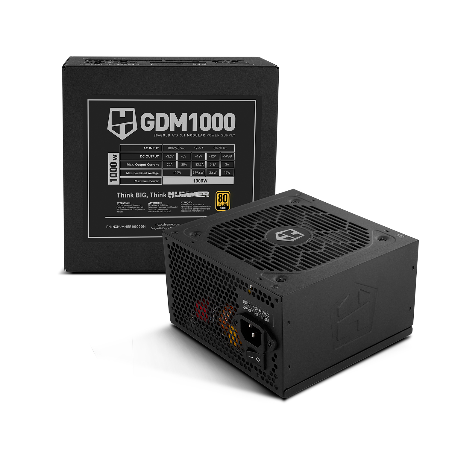 NOX XTREME PRODUCTS HUMMER GDM 1000W Gold – Fuente de alimentación modular ATX 3.1 80 PLUS Gold, ventilador silencioso 120 mm, PCIe 5.1, eficiencia 90%, cables planos extra largos