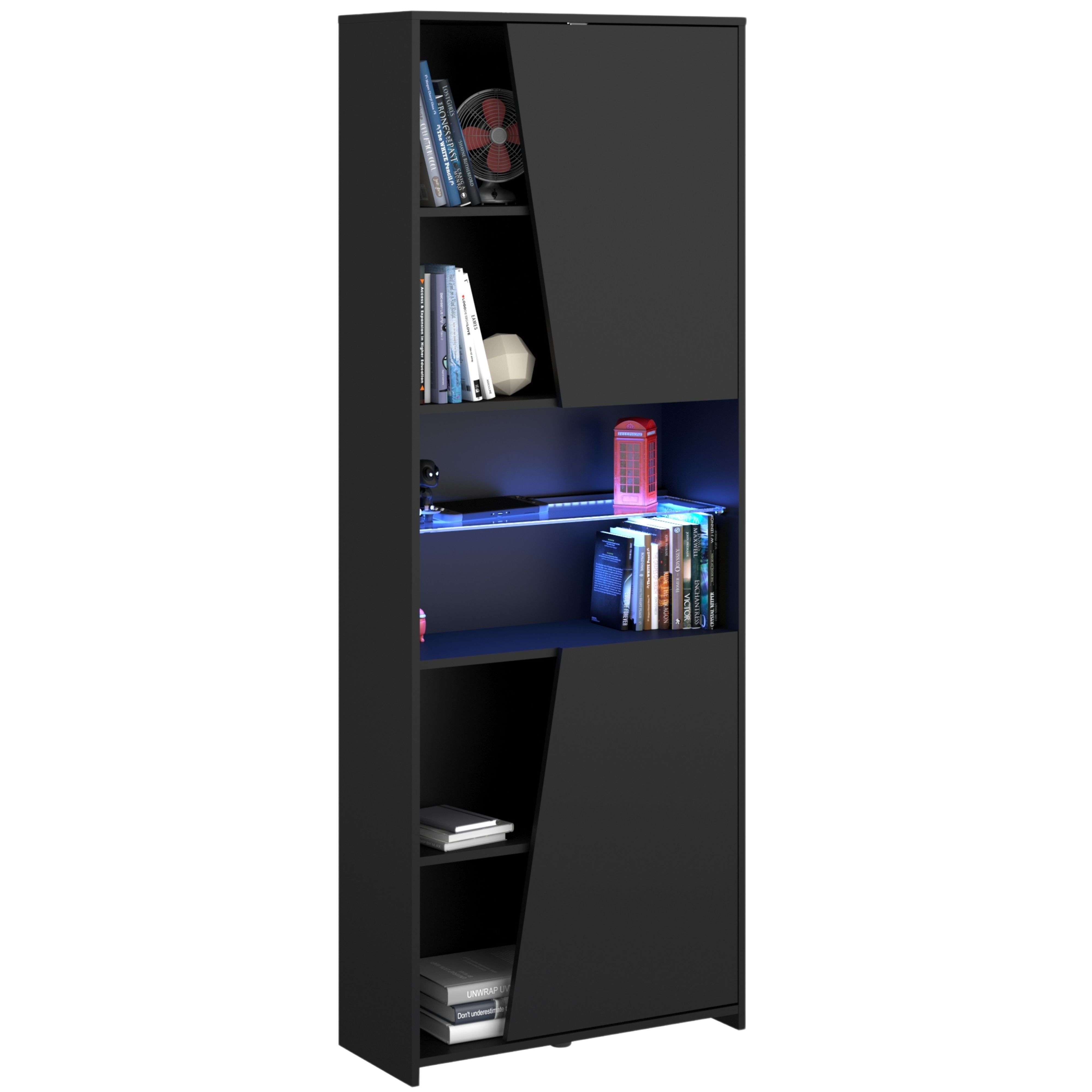 Estantería Gaming con LED incluido color negro librería gamer 6 estantes estilo moderno mueble 180x67x28 cm