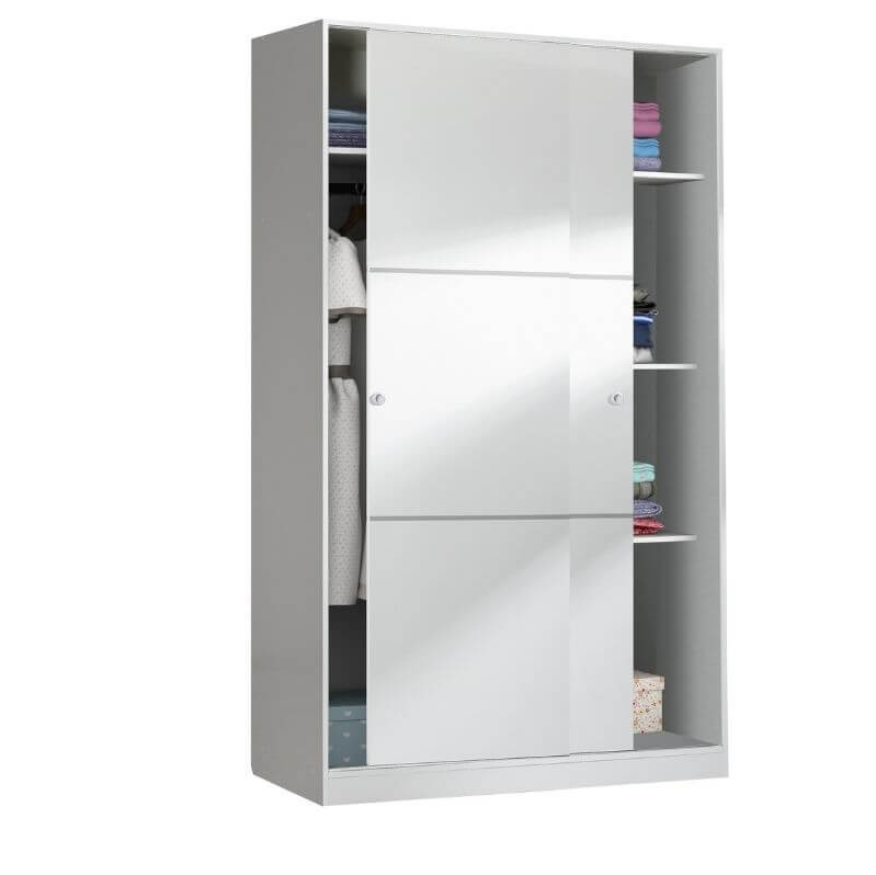 MOBELCENTER - Armario 2 Puertas Correderas Matrimonio o Juvenil con 3 estantes y Barra de Colgar - Blanco Brillo - 120cm x 50cm x 200cm (1415)