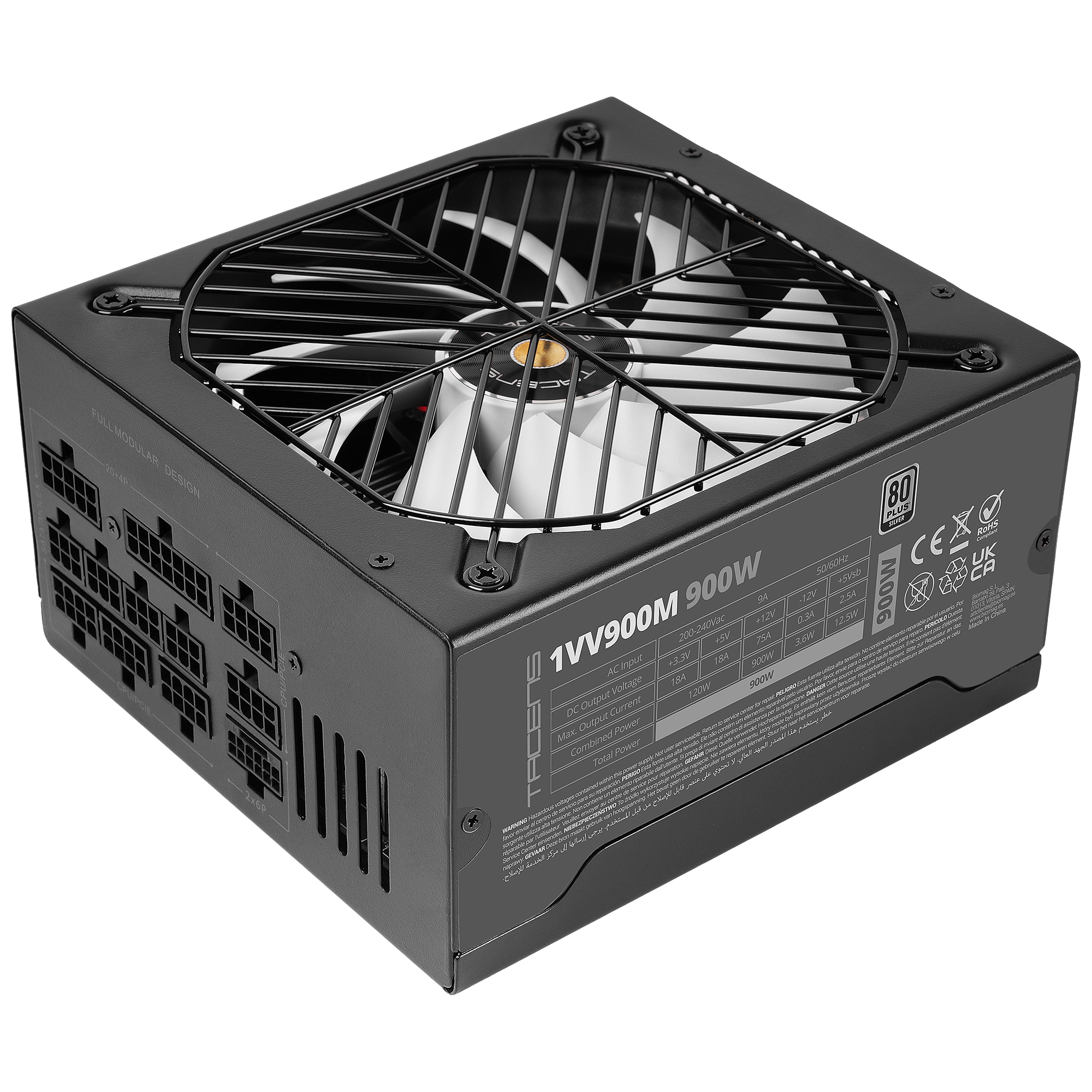 Tacens Valeo V 900M, Fuente de Alimentación ATX 3.1 900W, 10 Años Garantía, 80Plus Silver, Ventilador AI2-RPM FDB 140mm, Condensadores Japoneses 105°C, Cableado Modular, PCIe 5.1 y 12V 2x6, Negro