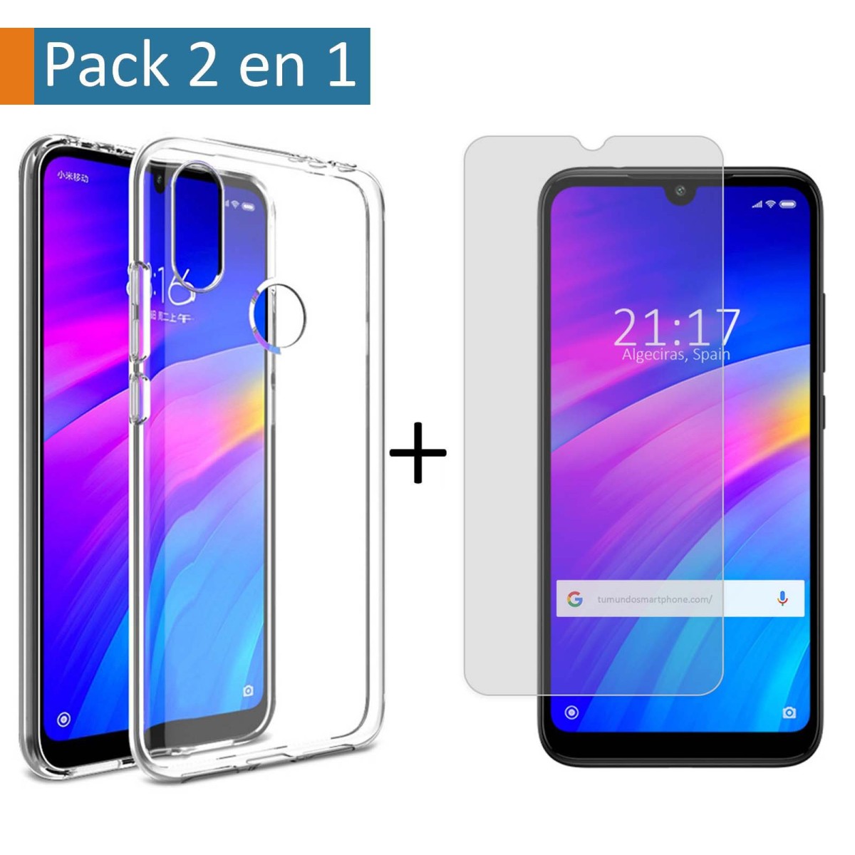 Tumundosmartphone Pack 2 en 1 para Xiaomi Redmi 7 - Funda Gel Transparente + Protector Cristal Templado