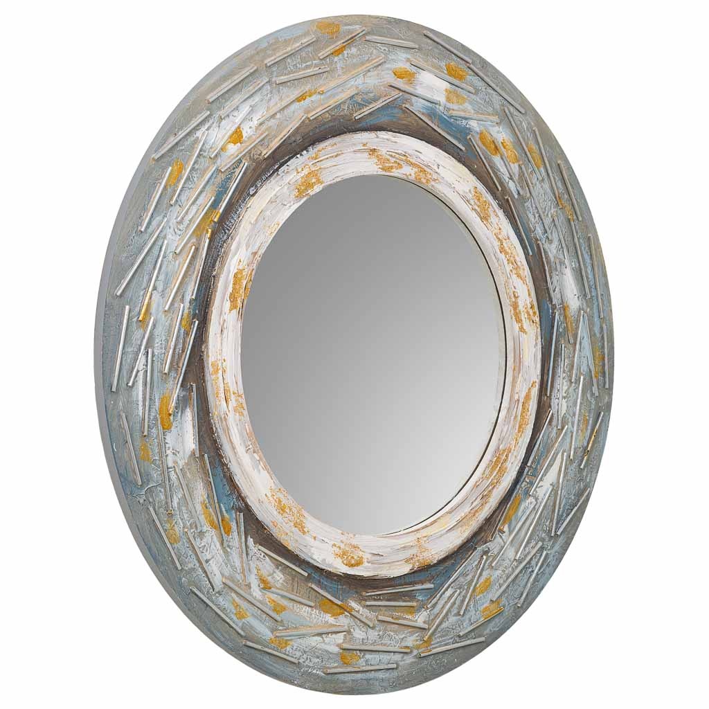 WANDERLUST DECO Espejo redondo de madera con relieve azul d90x2h cm.Tiene 2 puertas
