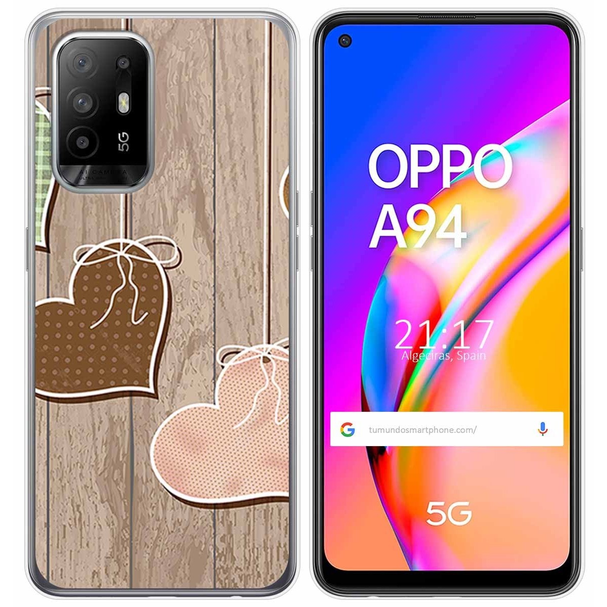Tumundosmartphone Funda Gel Tpu para Oppo A94 5G diseño Corazones Madera Dibujos