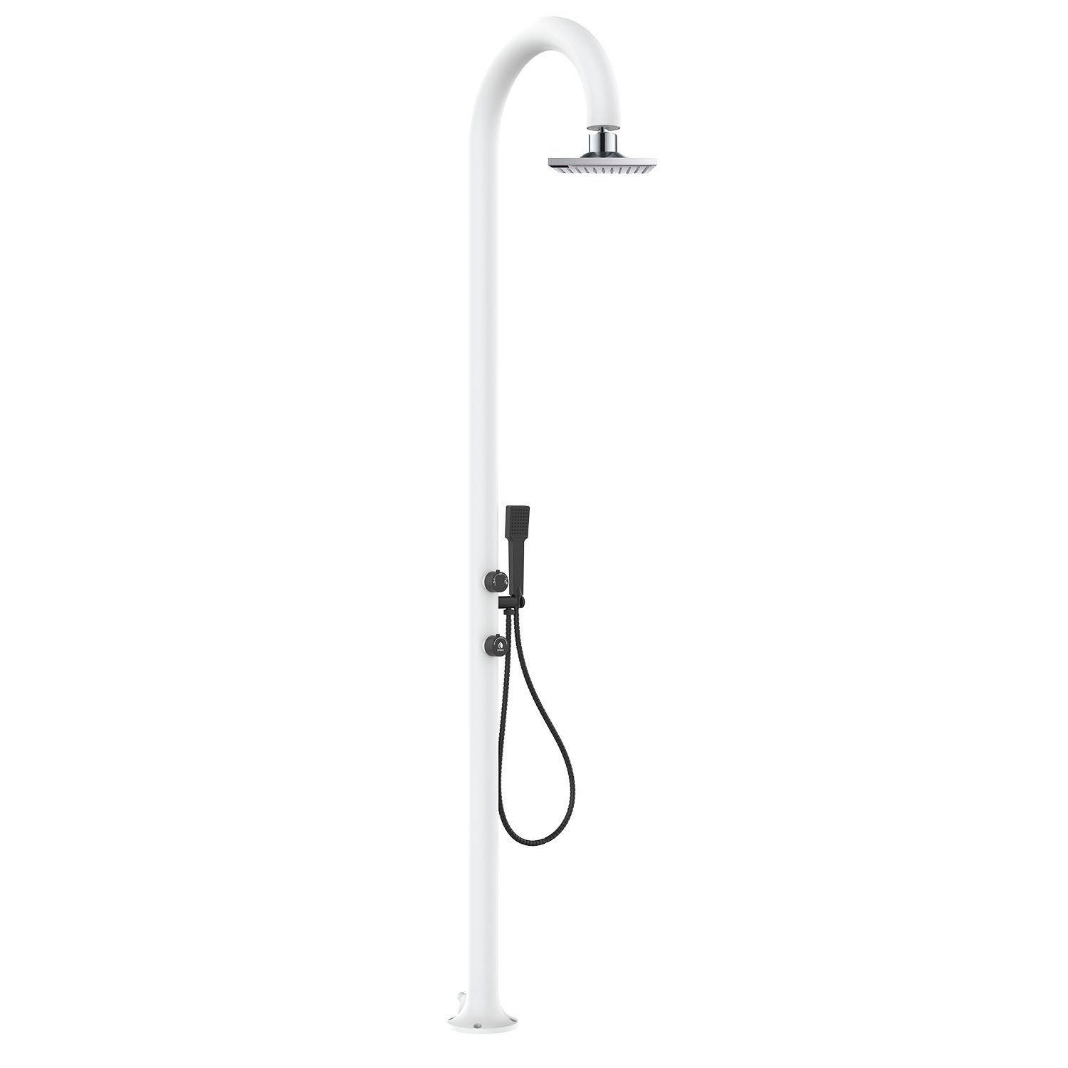 SINED Ducha de piscina en aluminio blanco con ducha de mano y termómetro Con agua caliente y fría Apta para exteriores e interiores Con doble conexión lateral e inferior LUNA ALU D BIANCA LCD
