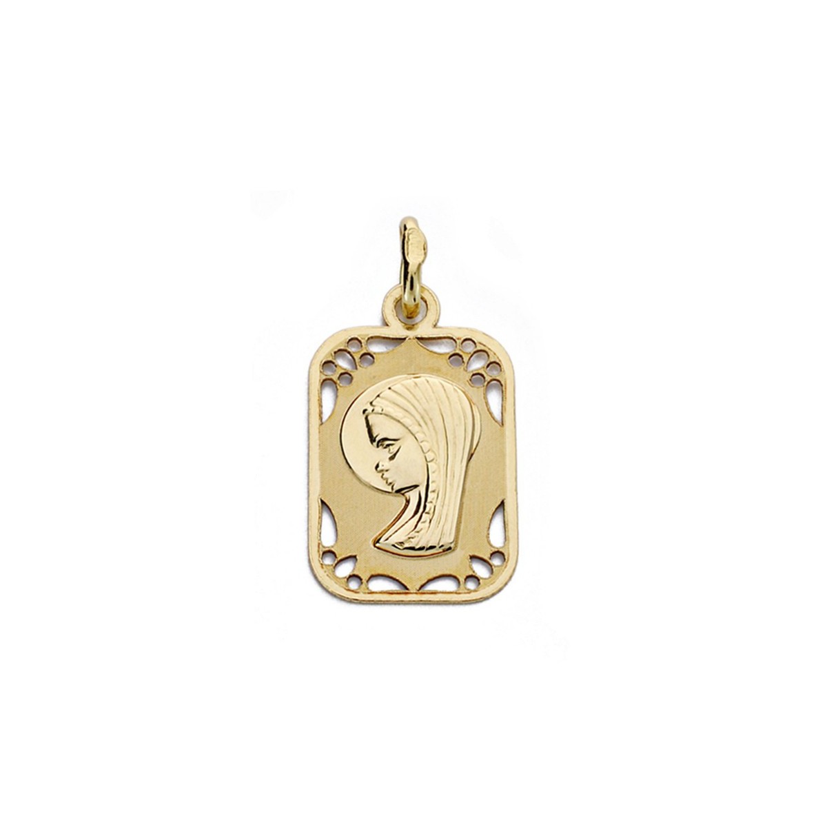 Medalla oro 9k Virgen Niña 19mm. cerco calado detalles rectangular