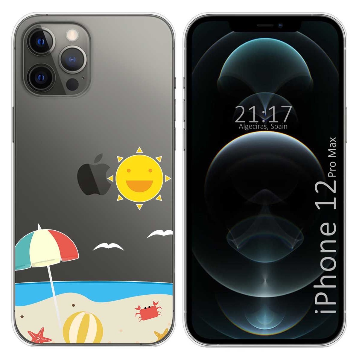 Tumundosmartphone Funda Gel Transparente para Iphone 12 Pro Max (6.7) diseño Playa Dibujos