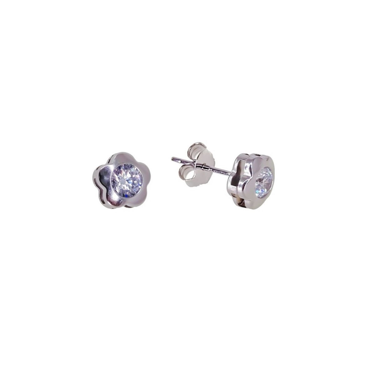 Pendientes plata Ley 925m flor 9mm. mujer lisa centro circonita chatón 5mm. cierre presión