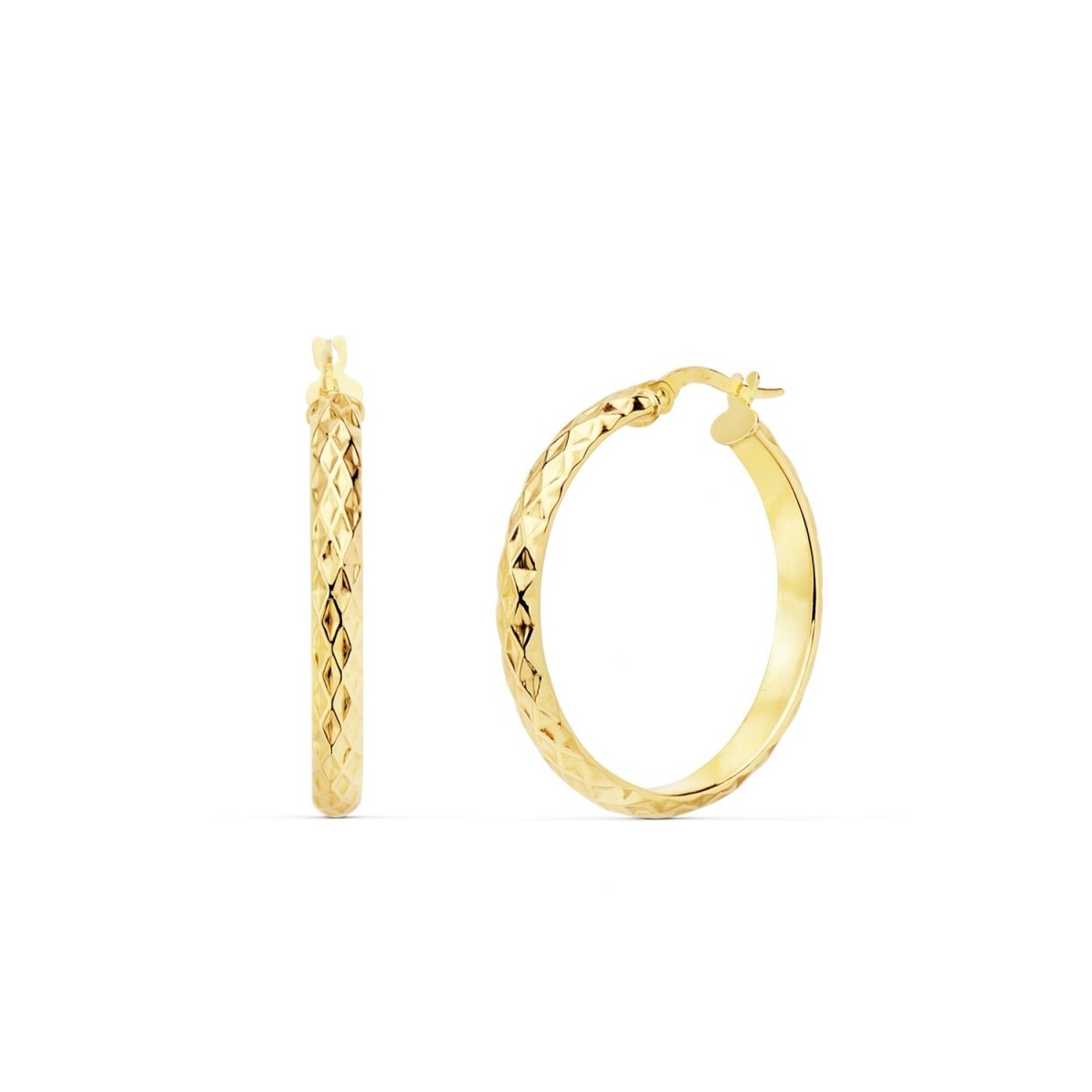 Pendientes oro 18k mujer aros 29mm. media caña huecos dibujo cierre palillo