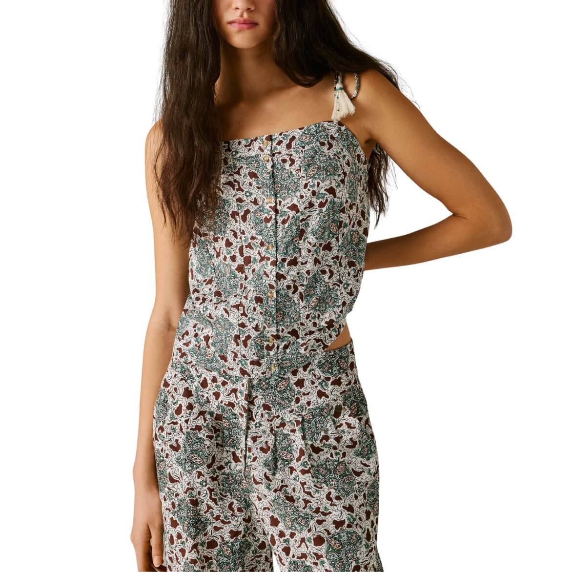 Top De Tirantes Agnes En Lino Con Estampado Verde De