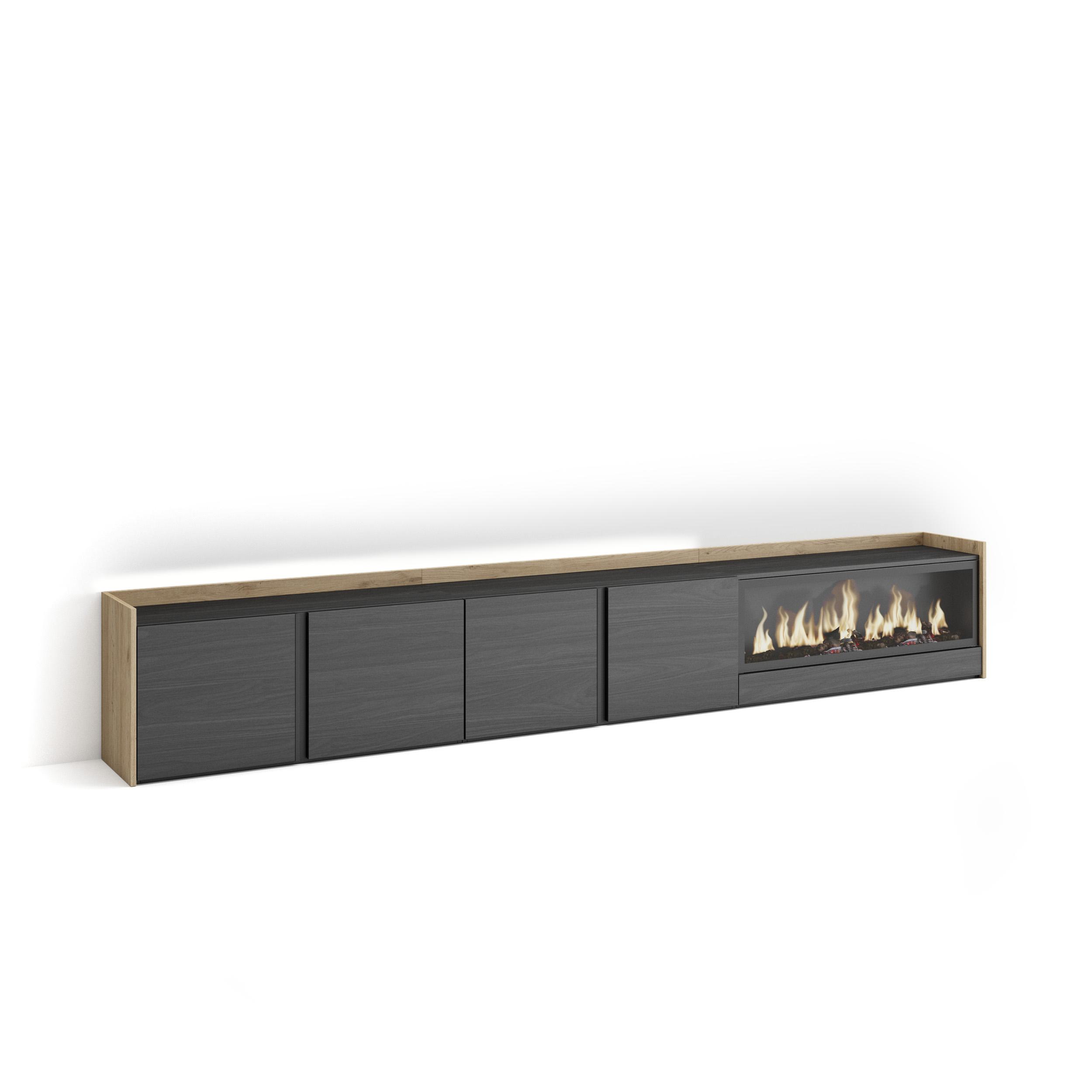 Mueble TV, Televisión, 315x35x50cm, Para TV hasta 80", Chimenea eléctrica XXL, LED