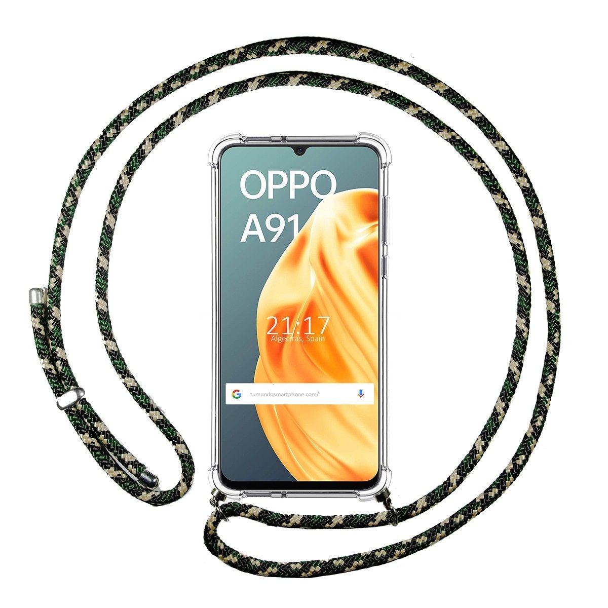 Tumundosmartphone Funda Colgante Transparente para Oppo A91 con Cordon Verde / Dorado