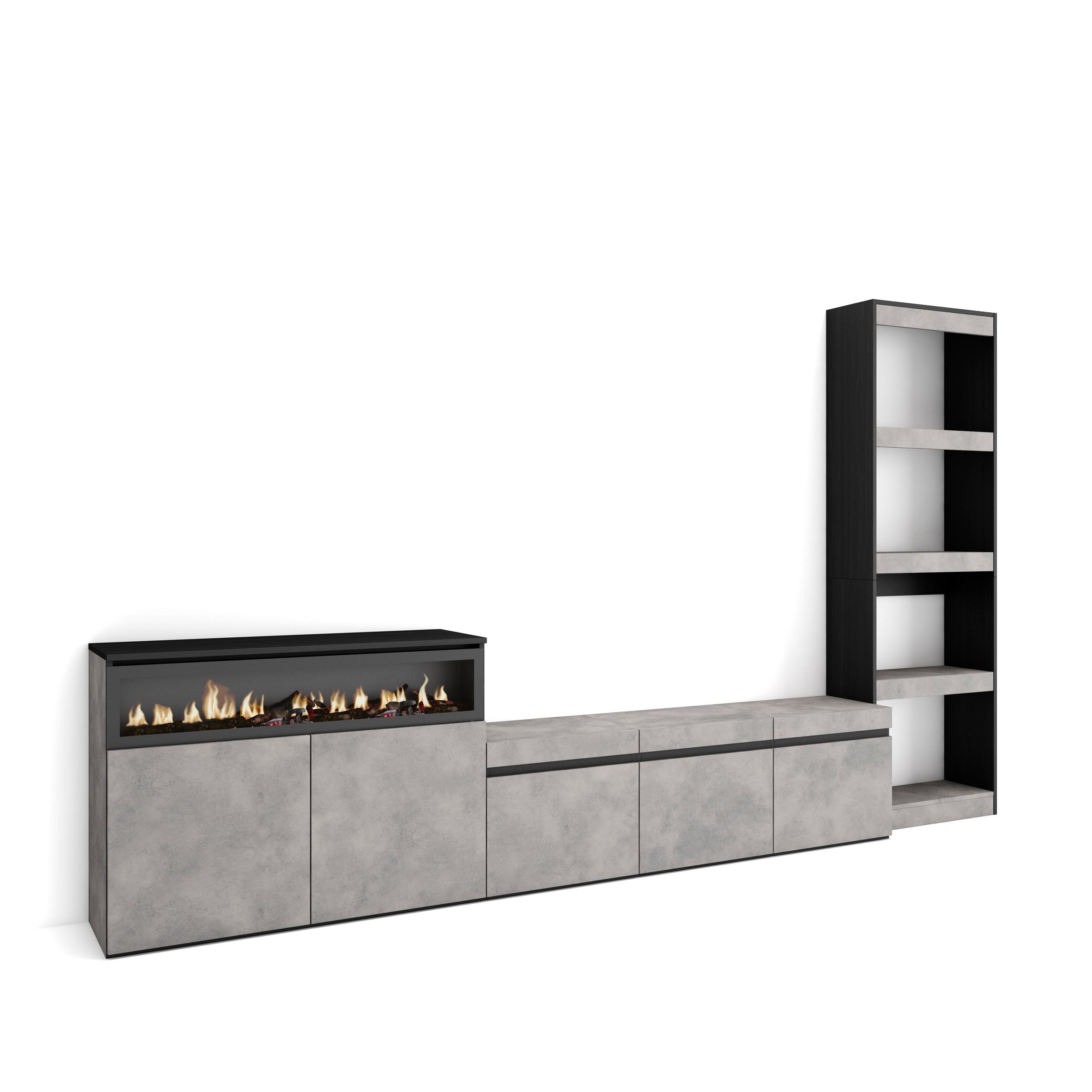 Skraut Home, Conjunto de muebles de Salón, Estantería, Mueble TV, Aparador, Fuego led efecto 3d, Veteado de madera, Tacto poroso,  310x35x186cm