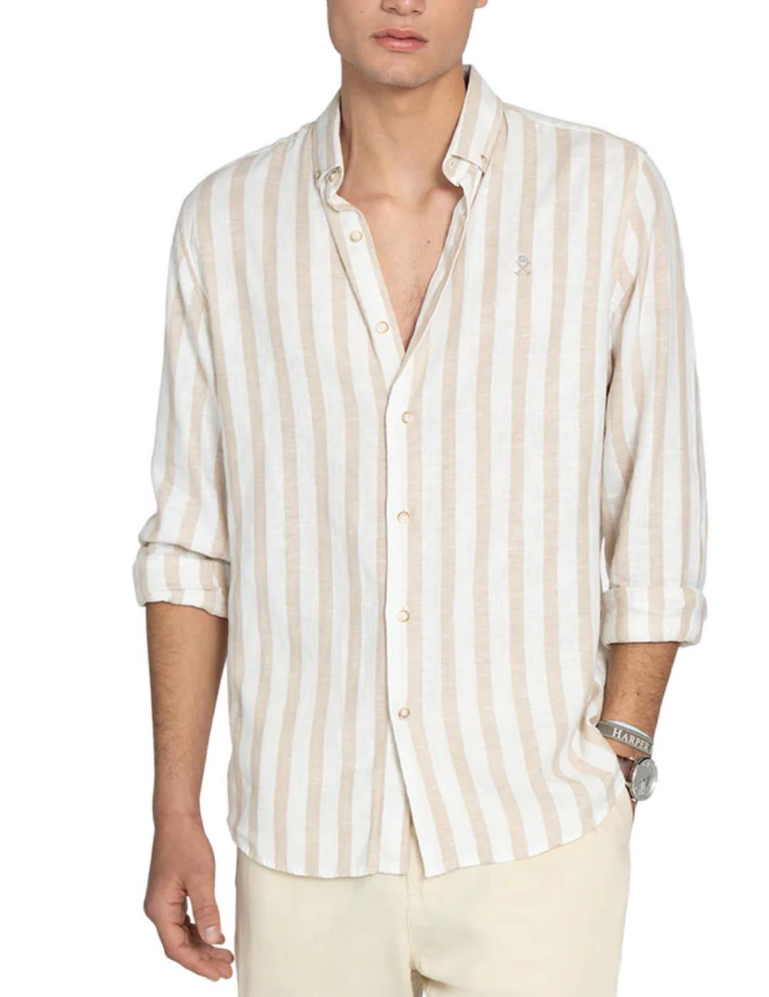 Camisa Harper & Neyer blanco rayas beige de lino para hombre