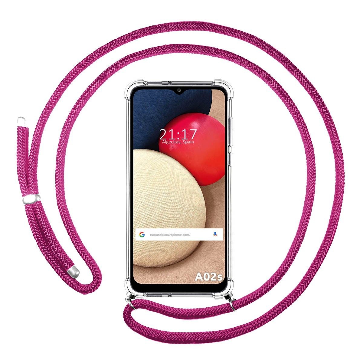 Tumundosmartphone Funda Colgante Transparente para Samsung Galaxy A02s con Cordon Rosa Fucsia