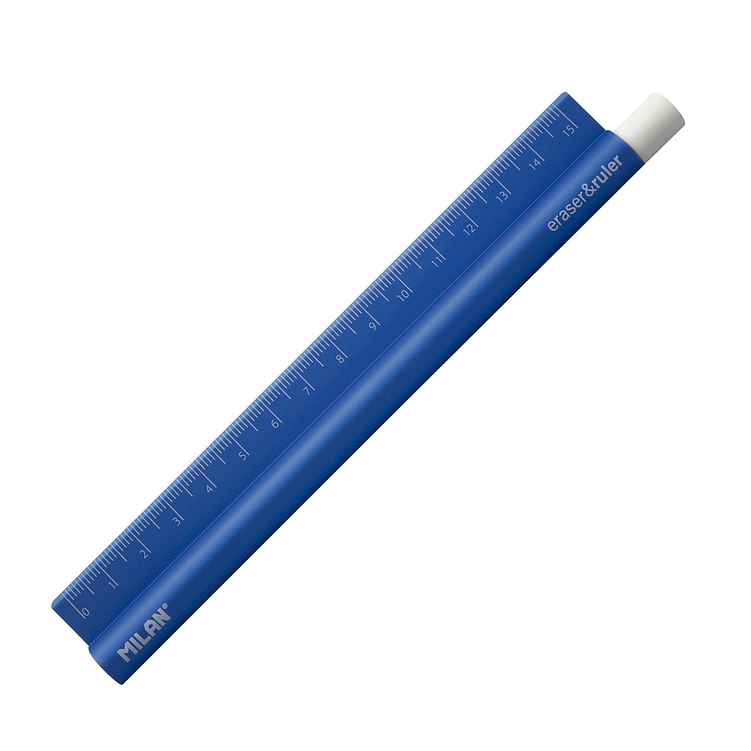 MILAN Eraser&Ruler - Combinación de Goma y Regla de Metal de 15 cm. Azul/Morado