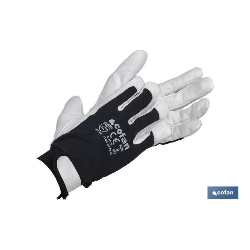 Guante vacuno dorso tela + velcro t-10   caja 12 unid.