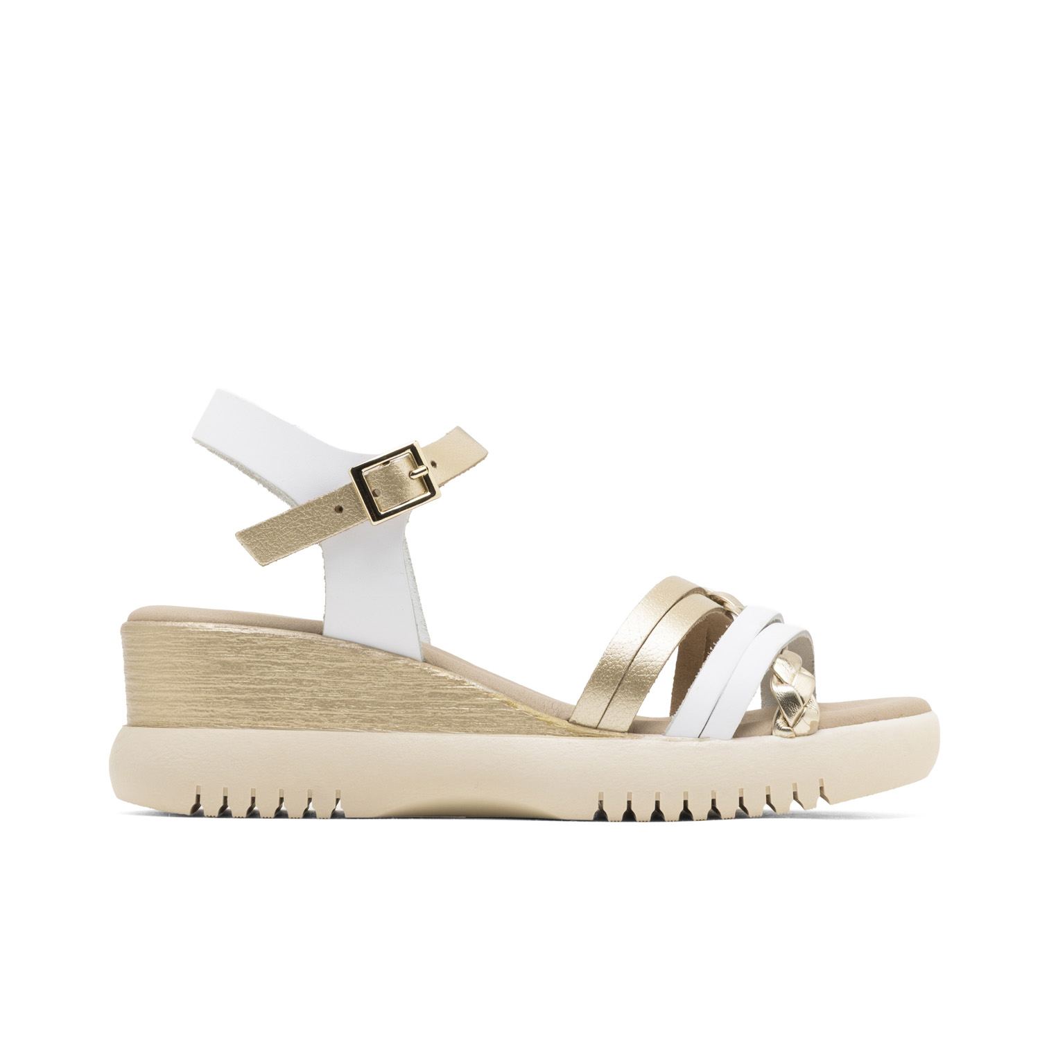 Sandalia de Cuña Berta en Blanco y Oro con Tiras Cruzadas de Piel, Hebilla Ajustable y Plantilla Acolchada para Máxima Comodidad, Cuña de 5 cm y Plataforma de 2 cm, Artesanía Española para Elegancia y