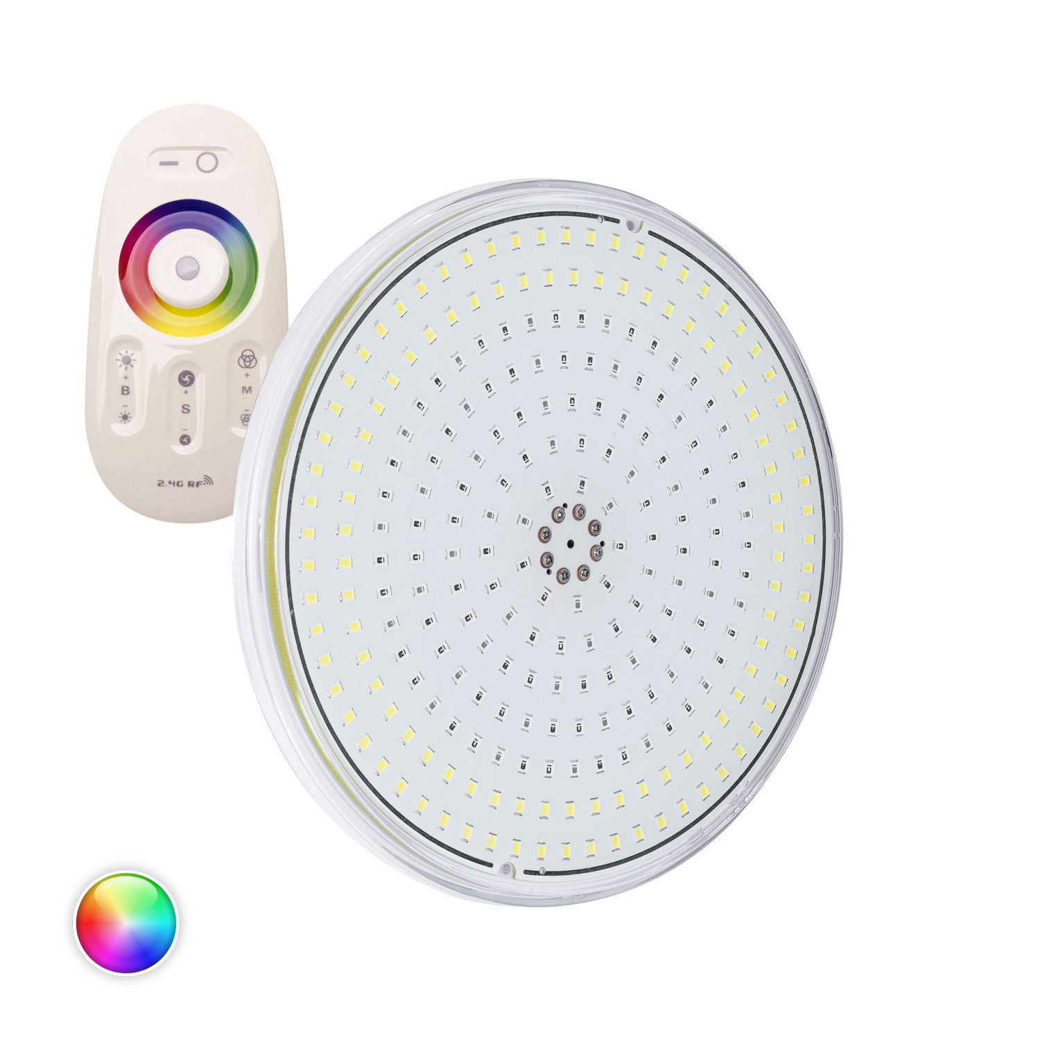 Ledkia Bombilla Piscina LED RGBW Sumergible Slim 12V DC 20W IP68 PAR56 Mando RF RGBW