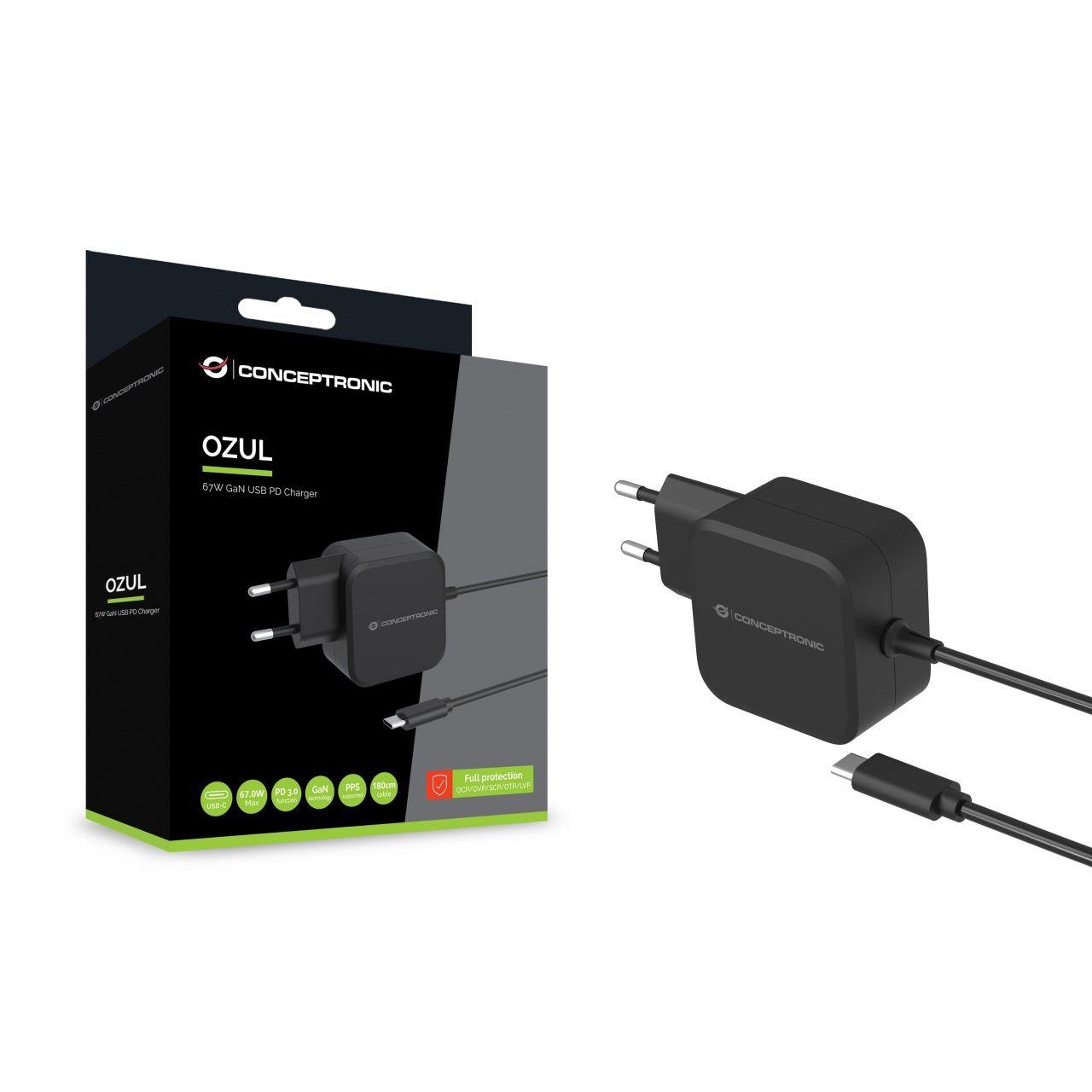 Conceptronic - Cargador de pared USB-C Ozul04BE de 67 W para laptops y smartphones, con protección contra sobrecargas y cable de 270 cm