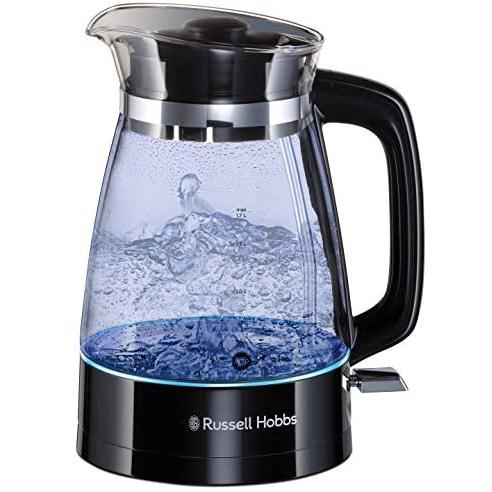 Hervidor de Agua Eléctrico Russell Hobbs Glass Classic - 1,7 Litros - 2400 W - Diseño en Cristal - Iluminación Azul - Detalles en Acero Inoxidable - Negro - 26080-70