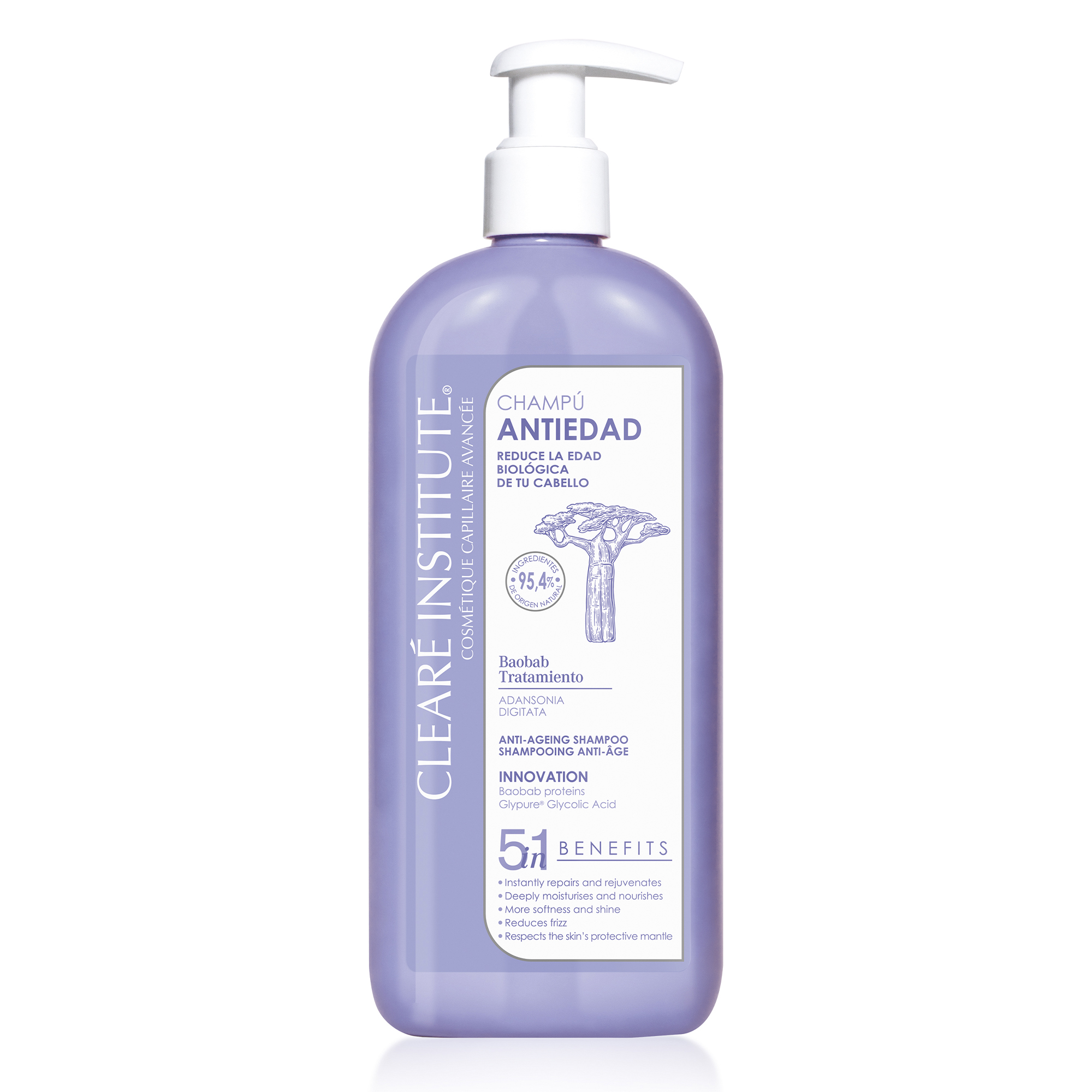 Clearé Institute - Champú Reparador Antiedad | Nutre, Repara y Rejuvenece tu Cabello | Sin parabenos, siliconas ni sulfatos SLES | Apto Método Curly | 96% Ingredientes Naturales | 400ml
