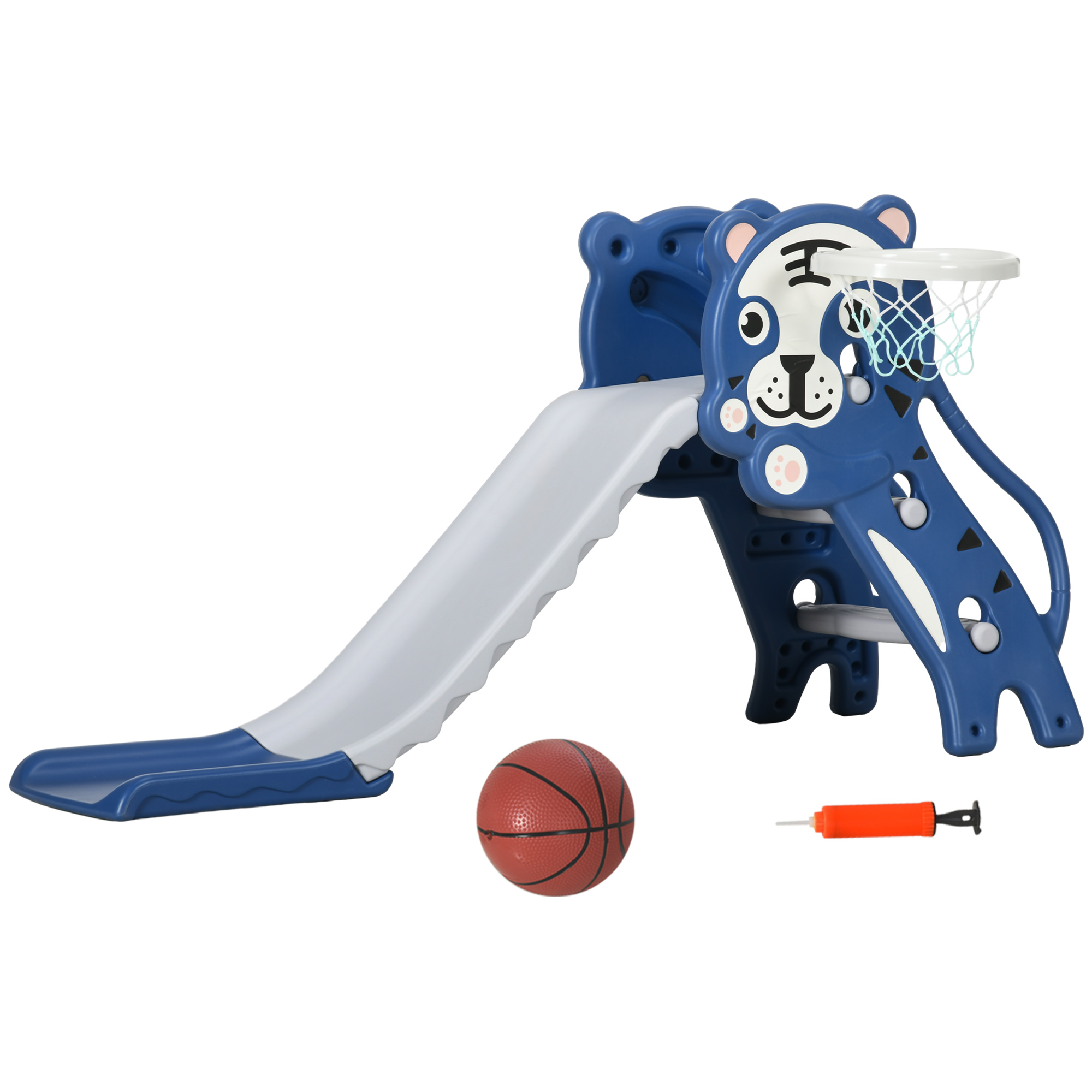 AIYAPLAY Tobogán Infantil 3 en 1 Tobogán para Niños de 18 a 36 Meses con 2 Escaleras 1 Canasta de Baloncesto y Patrón de Animal para Interior 133x60x70 cm Rosa y Gris