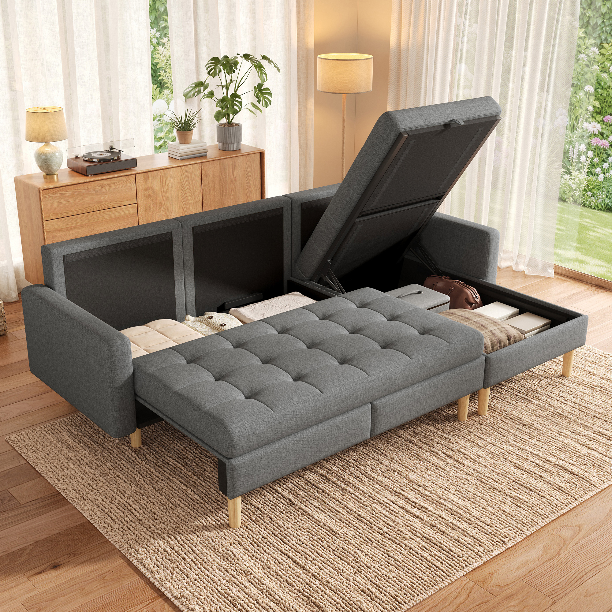 Canapé d’angle 3 places gris en tissu avec méridienne réversible et rangement intégré