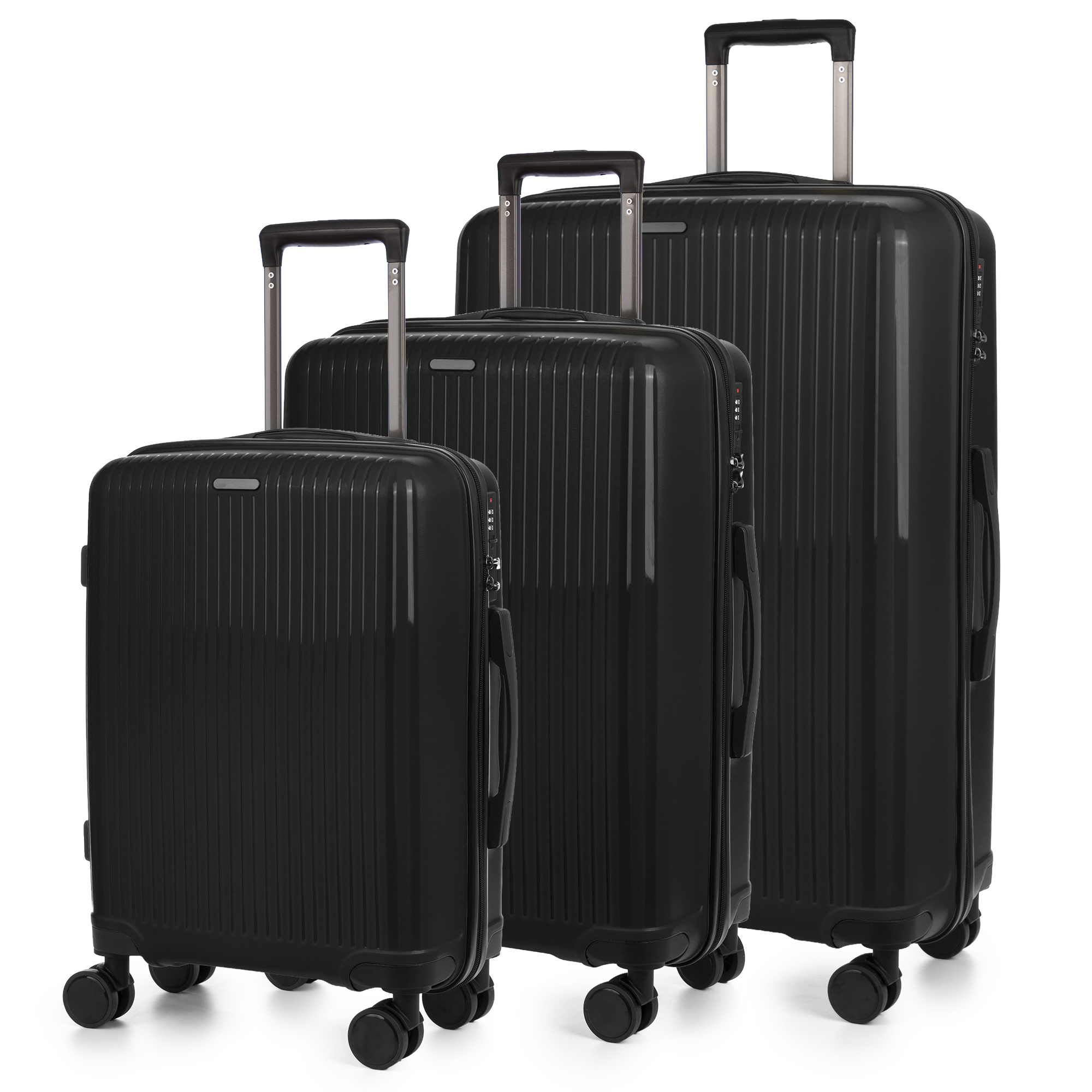 Juego de 3 maletas Trolley, en material ligero PP resistente a la rotura. Cerradura TSA numérica, 4 ruedas dobles giratorias 360°.