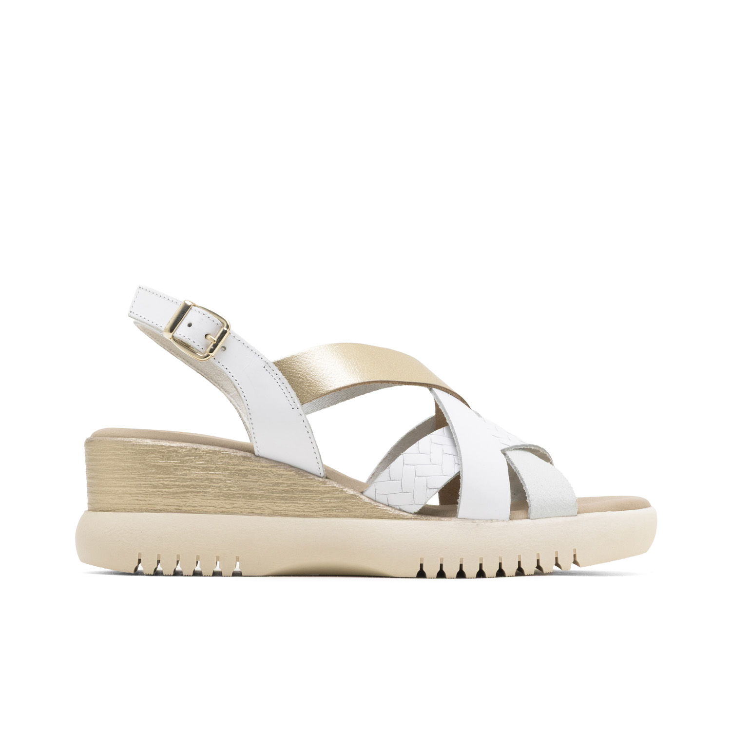 Sandalia de Cuña Elisa Blanco Oro: Elegancia Española en Piel con Tiras Metalizadas, Ajuste Perfecto con Hebilla en el Tobillo, Cuña de 6 cm y Plataforma de 3 cm, Suela Antideslizante para Mayor Estab