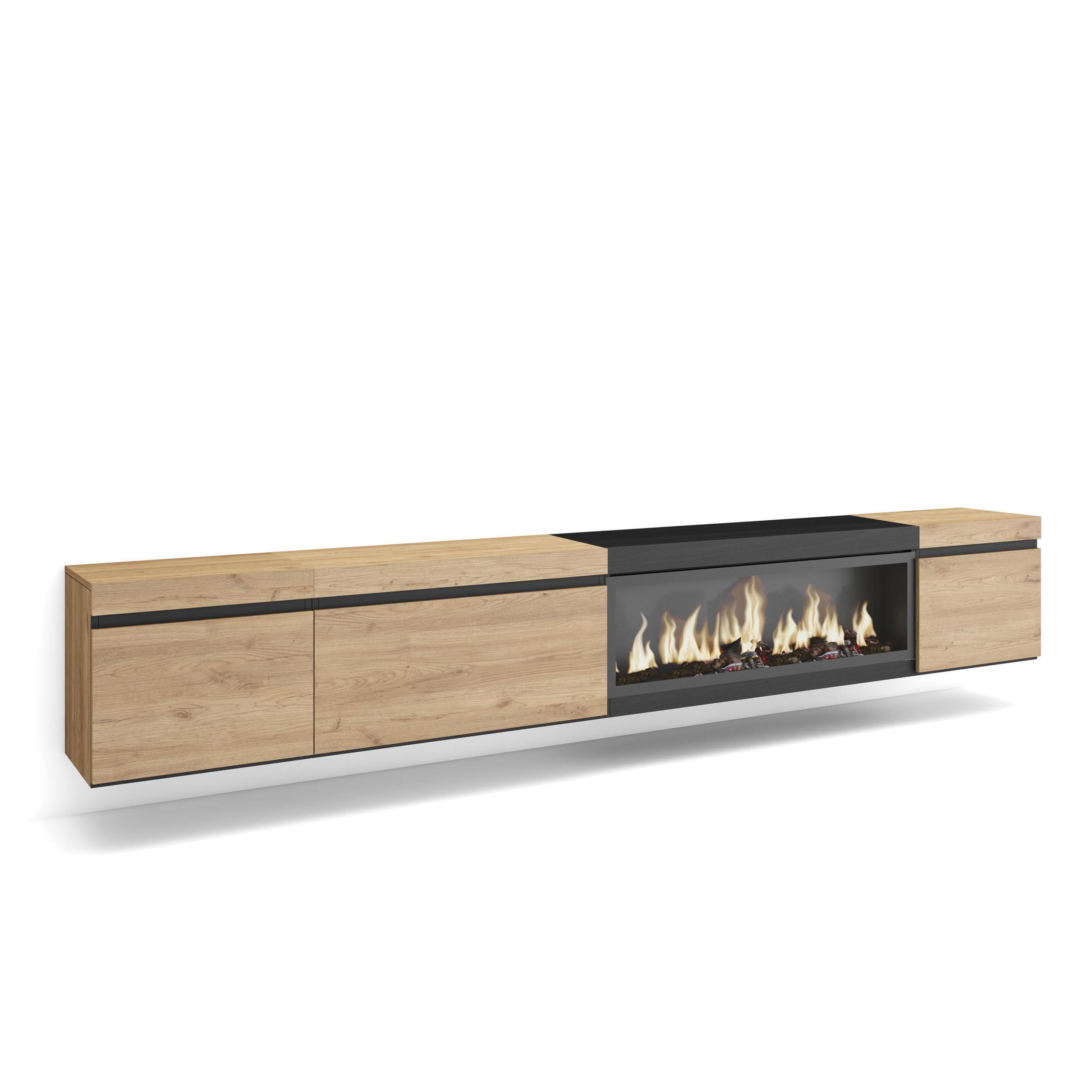 Skraut Home, Mueble TV con tres puertas, 288x35x45cm, Chimenea eléctrica XXL led efecto fuego 3d, Colgado, Suspendido