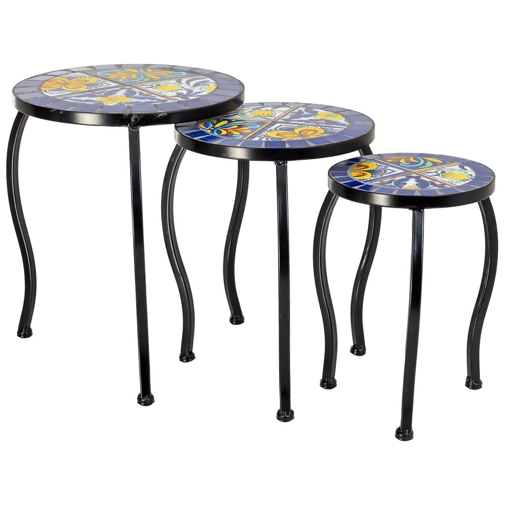 Wonderlust Deco - Soporte set 3 pzas de mosaico y forja azul 33x33x37h-28x28x33h-23x23x2 Azul 33x33x37h-28x28x33h-23x23x29h cm