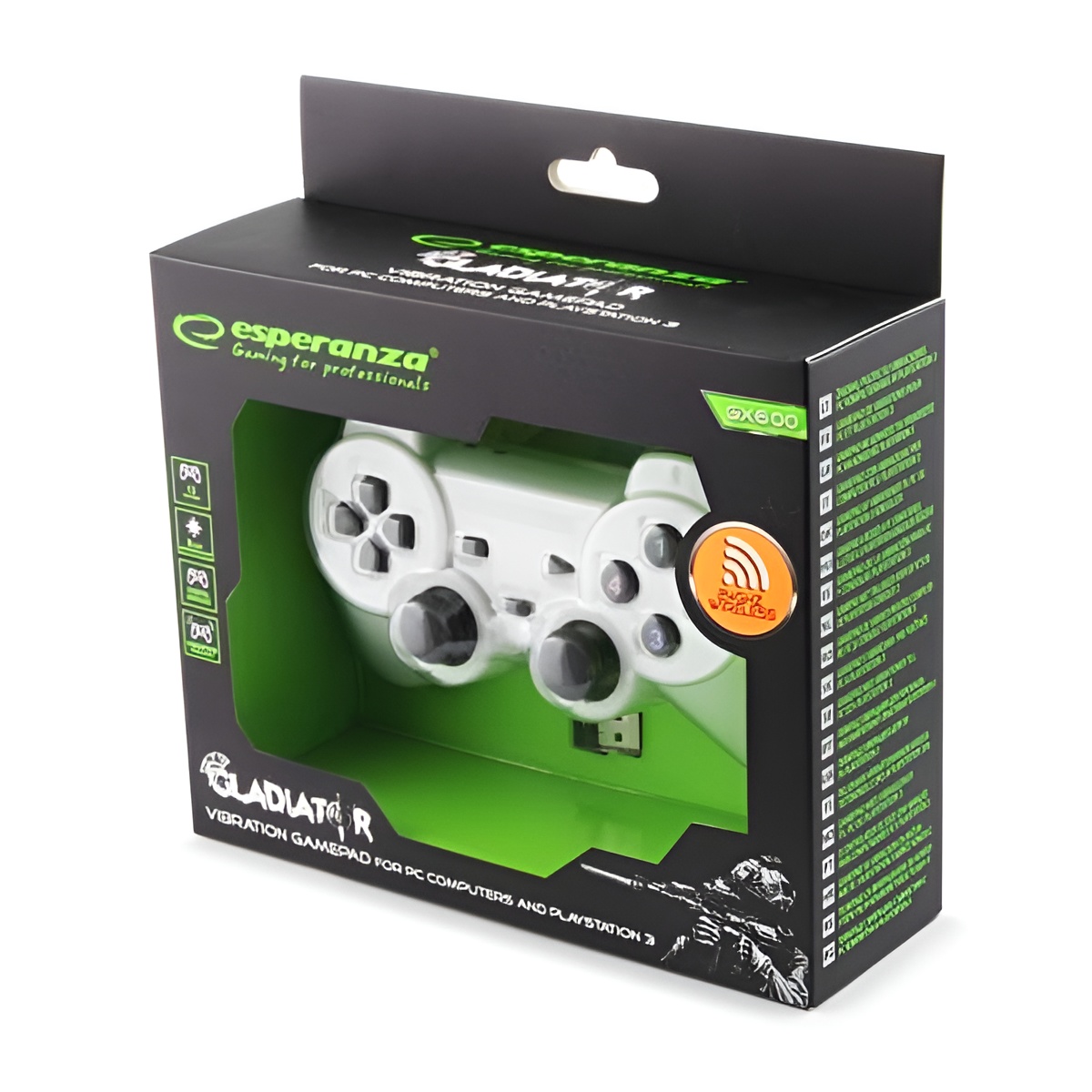 Esperanza EGG108W Gladiator - Wireless Vibration Gamepad for PC/PS3, CE Certified, White color, compatible with gaming systems like PlayStation 4 and PC, ideal for enhanced gameplay.