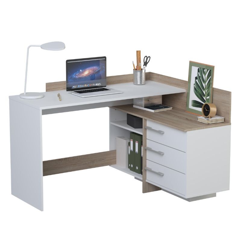 Mesa escritorio extensible tocador color blanco y roble 2 cajones  98x87x36-70 cm