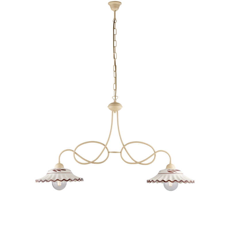 Lámpara de araña Bistrot en hierro lacado marfil y decoraciones. Efecto decapé con difusores cerámicos d. 30 blanco y marrón 2 luces L. 98 X 30 - Belight