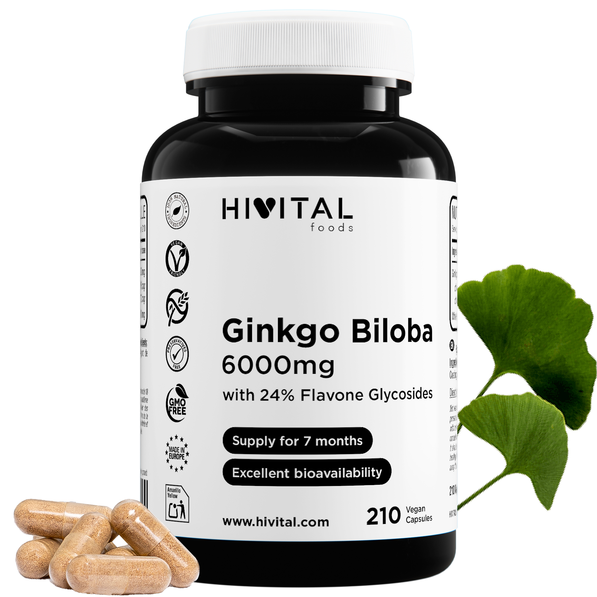 Ginkgo Biloba 6000 mg | 210 cápsulas veganas. Hivital
