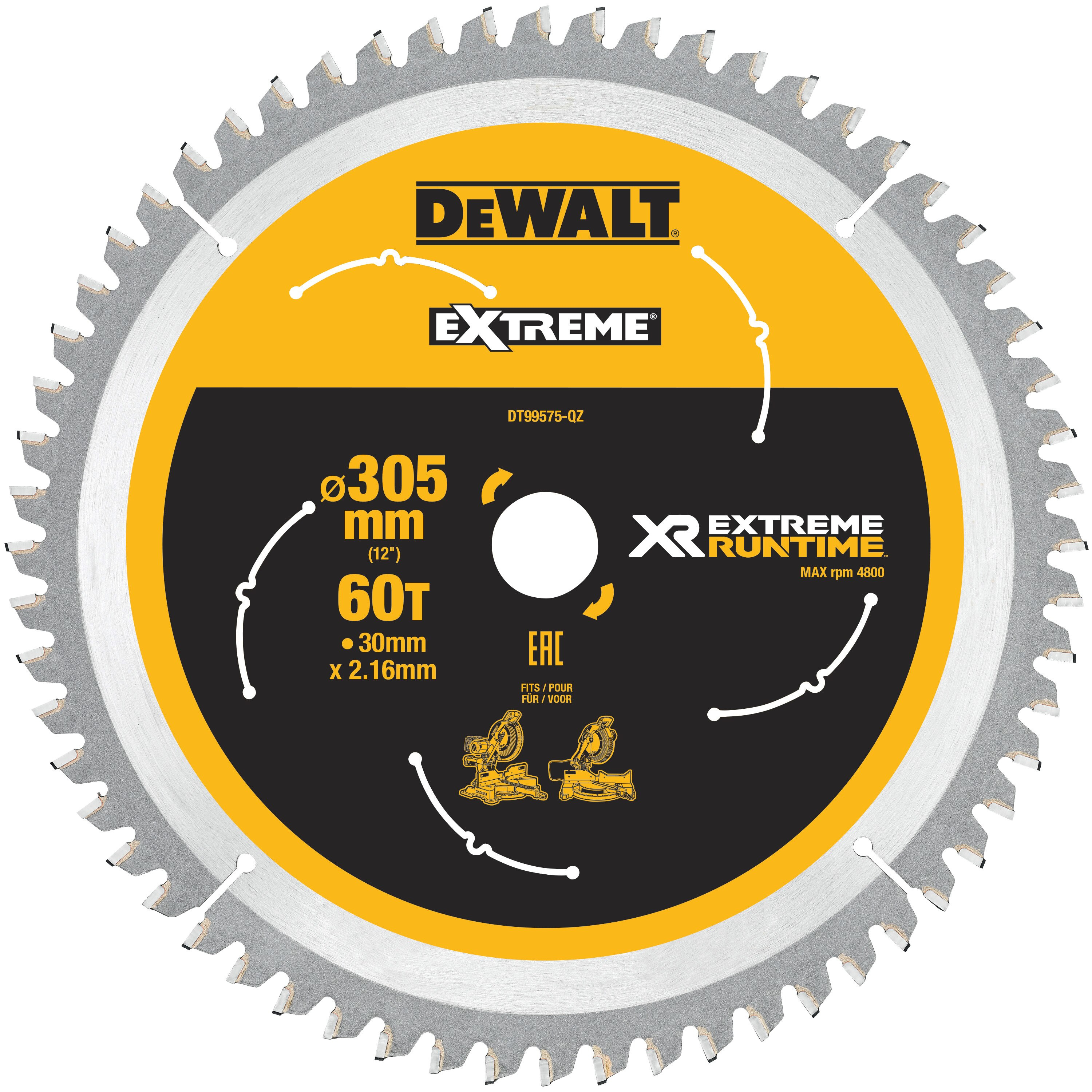 Hoja de sierra circular DeWalt DT99575-QZ, 305 mm, 60 dientes, corte eficiente en madera, compatible con sierras de mesa y portátiles.