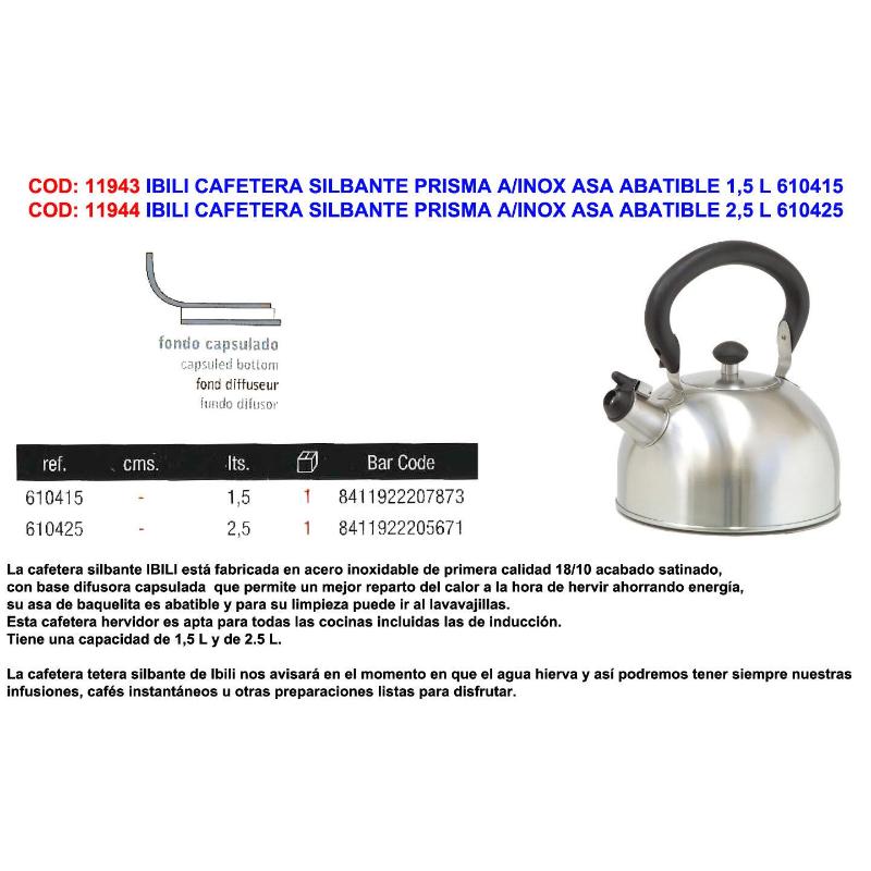 Ibili cafetera silbante prisma a-inox asa abatible 1,5 l 610415